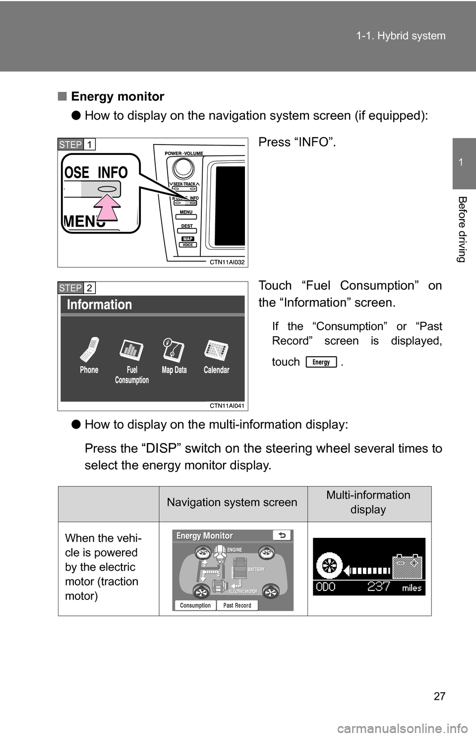 TOYOTA CAMRY HYBRID 2010 XV40 / 8.G Owners Manual 27
1-1. Hybrid system
1
Before driving
■
Energy monitor
●How to display on the navigation system screen (if equipped):
Press “INFO”.
Touch “Fuel Consumption” on
the “Information” scree