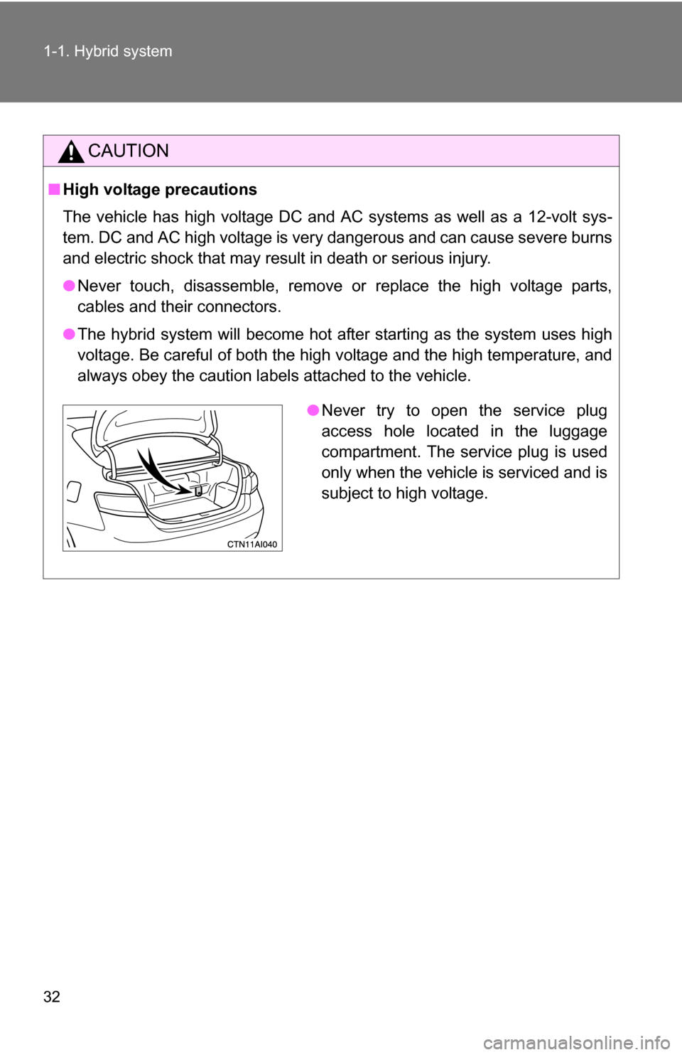 TOYOTA CAMRY HYBRID 2010 XV40 / 8.G Owners Manual 32 1-1. Hybrid system
CAUTION
■High voltage precautions
The vehicle has high voltage DC and AC systems as well as a 12-volt sys-
tem. DC and AC high voltage is very dangerous and can cause severe bu
