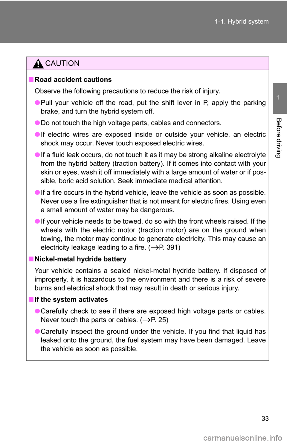 TOYOTA CAMRY HYBRID 2010 XV40 / 8.G Owners Manual 33
1-1. Hybrid system
1
Before driving
CAUTION
■
Road accident cautions
Observe the following precautions to reduce the risk of injury.
●Pull your vehicle off the road, put the shift lever in P, a