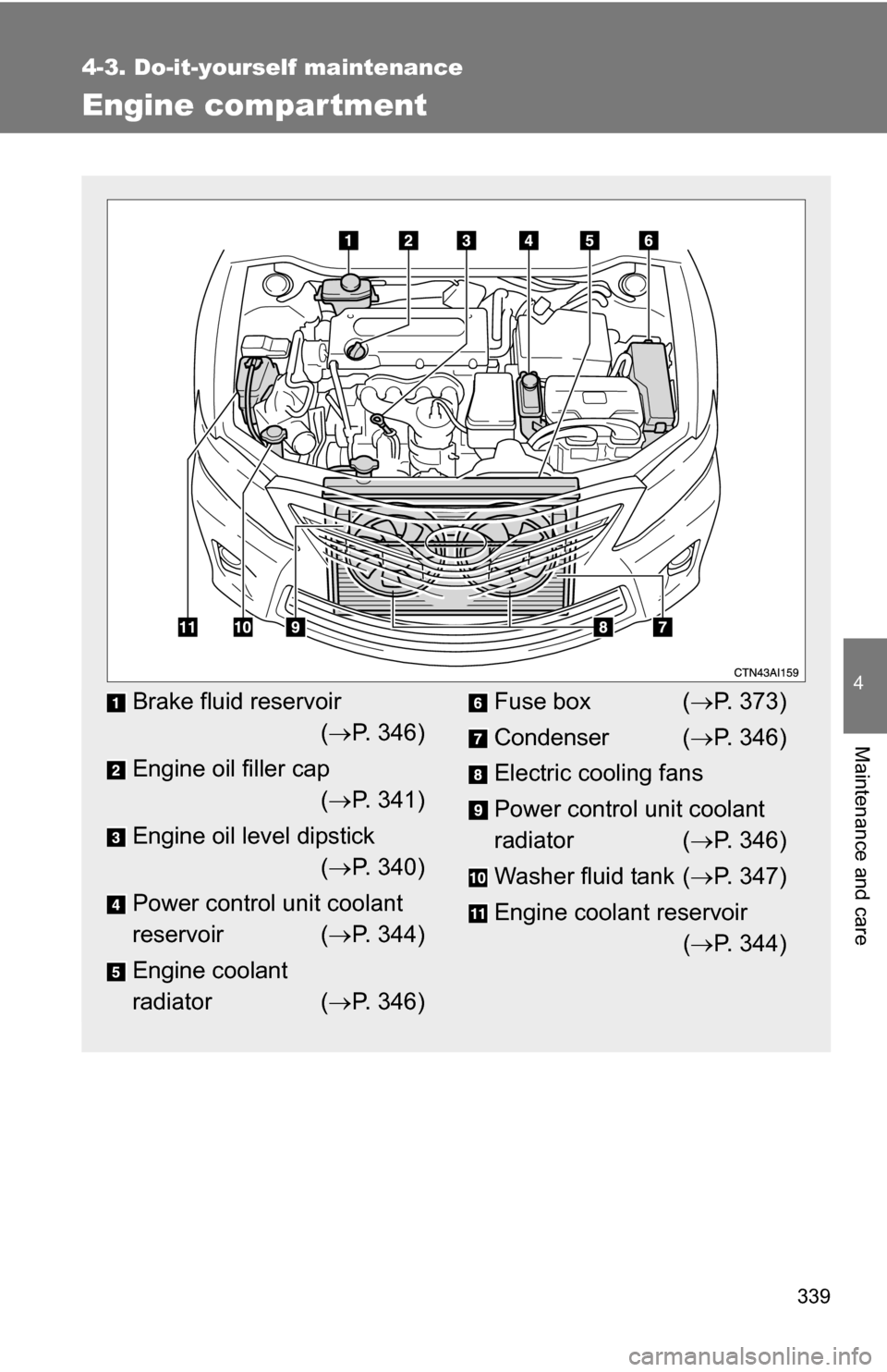 TOYOTA CAMRY HYBRID 2010 XV40 / 8.G Owners Manual 339
4-3. Do-it-yourself maintenance
4
Maintenance and care
Engine compar tment
Brake fluid reservoir( P. 346)
Engine oil filler cap ( P. 341)
Engine oil level dipstick ( P. 340)
Power control