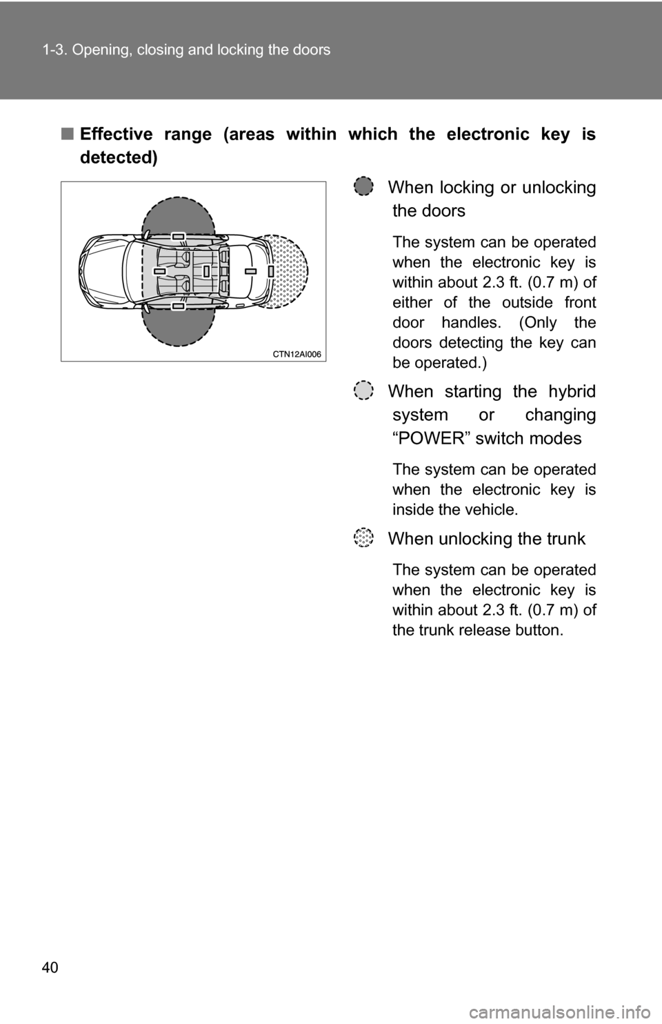 TOYOTA CAMRY HYBRID 2010 XV40 / 8.G Owners Guide 40 1-3. Opening, closing and locking the doors
■Effective range (areas within which the electronic key is
detected)
When locking or unlockingthe doors
The system can be operated
when the electronic TOYOTA CAMRY HYBRID 2010 XV40 / 8.G Owners Guide 40 1-3. Opening, closing and locking the doors
■Effective range (areas within which the electronic key is
detected)
When locking or unlockingthe doors
The system can be operated
when the electronic