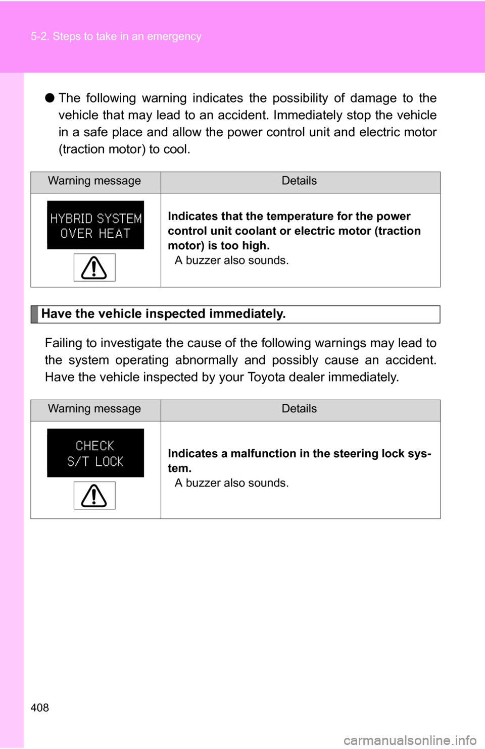 TOYOTA CAMRY HYBRID 2010 XV40 / 8.G Owners Manual 408 5-2. Steps to take in an emergency
●The following warning indicates the possibility of damage to the
vehicle that may lead to an acci dent. Immediately stop the vehicle
in a safe place and allo TOYOTA CAMRY HYBRID 2010 XV40 / 8.G Owners Manual 408 5-2. Steps to take in an emergency
●The following warning indicates the possibility of damage to the
vehicle that may lead to an acci dent. Immediately stop the vehicle
in a safe place and allo
