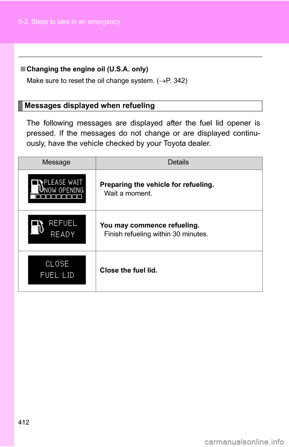TOYOTA CAMRY HYBRID 2010 XV40 / 8.G Owners Manual 412 5-2. Steps to take in an emergency
Messages displayed when refuelingThe following messages are displayed after the fuel lid opener is
pressed. If the messages do not  change or are displayed conti
