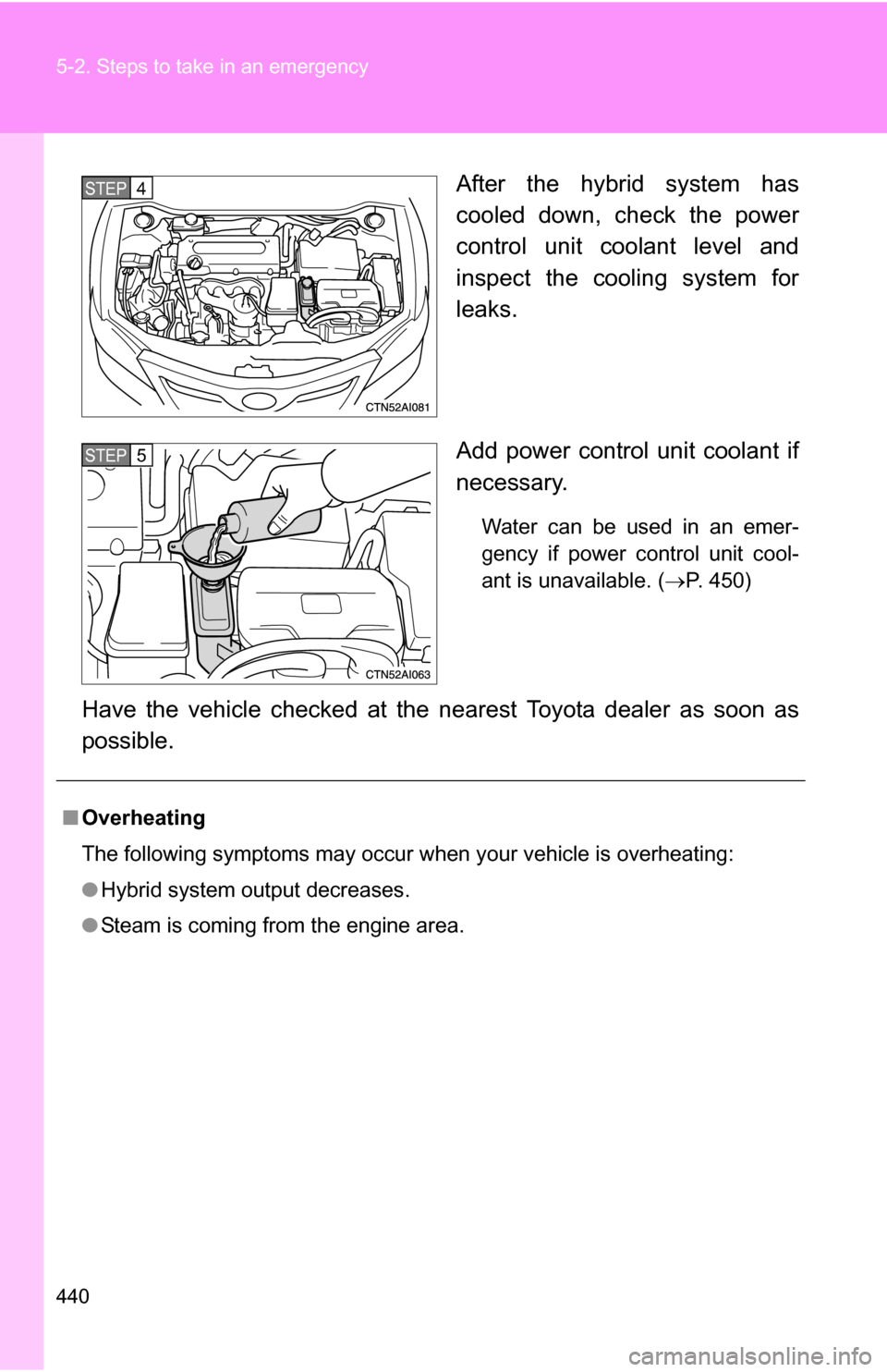 TOYOTA CAMRY HYBRID 2010 XV40 / 8.G Owners Manual 440 5-2. Steps to take in an emergency
After the hybrid system has
cooled down, check the power
control unit coolant level and
inspect the cooling system for
leaks.
Add power control unit coolant if
n