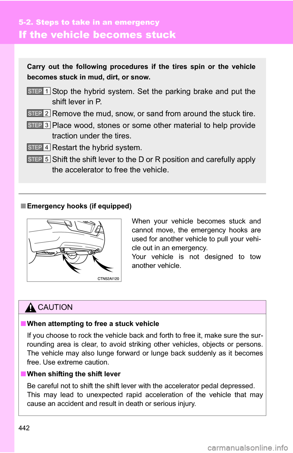 TOYOTA CAMRY HYBRID 2010 XV40 / 8.G Owners Manual 442
5-2. Steps to take in an emergency
If the vehicle becomes stuck
■Emergency hooks (if equipped)
CAUTION
■When attempting to free a stuck vehicle
If you choose to rock the vehicle back and forth TOYOTA CAMRY HYBRID 2010 XV40 / 8.G Owners Manual 442
5-2. Steps to take in an emergency
If the vehicle becomes stuck
■Emergency hooks (if equipped)
CAUTION
■When attempting to free a stuck vehicle
If you choose to rock the vehicle back and forth