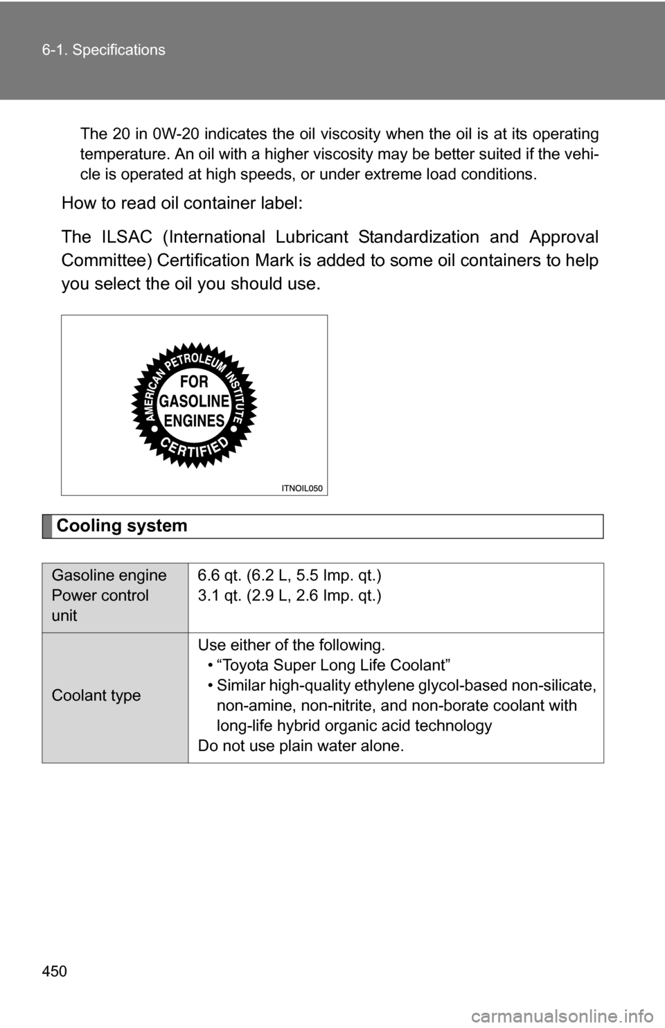 TOYOTA CAMRY HYBRID 2010 XV40 / 8.G Owners Manual 450 6-1. Specifications
The 20 in 0W-20 indicates the oil viscosity when the oil is at its operating
temperature. An oil with a higher viscosity may be better suited if the vehi-
cle is operated at hi