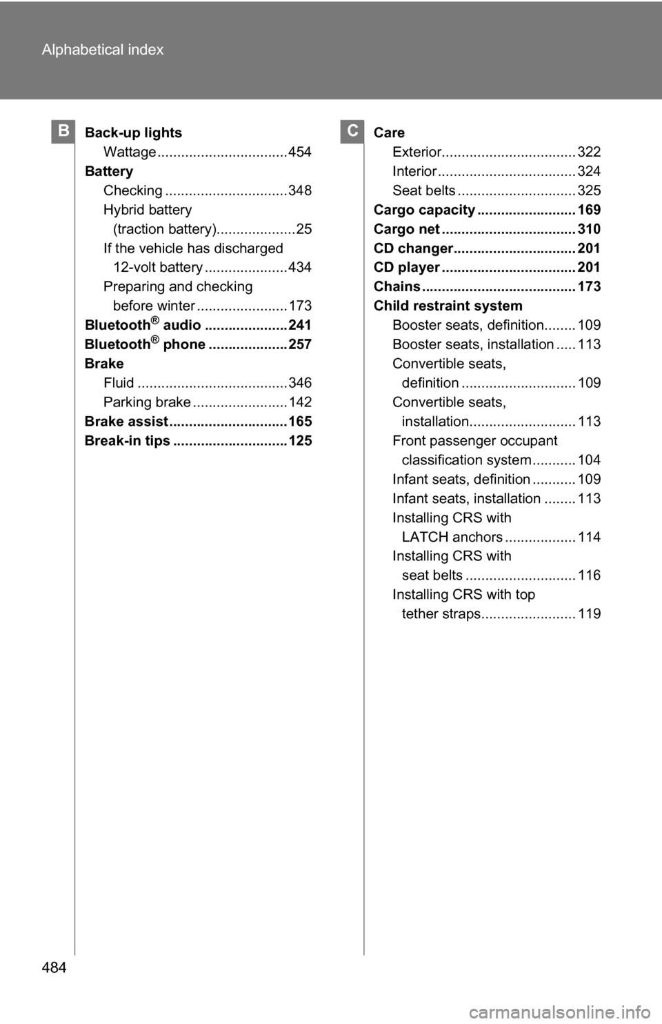 TOYOTA CAMRY HYBRID 2010 XV40 / 8.G Owners Manual 484 Alphabetical index
Back-up lightsWattage ................................. 454
Battery Checking ............................... 348
Hybrid battery (traction battery)....................25
If the v