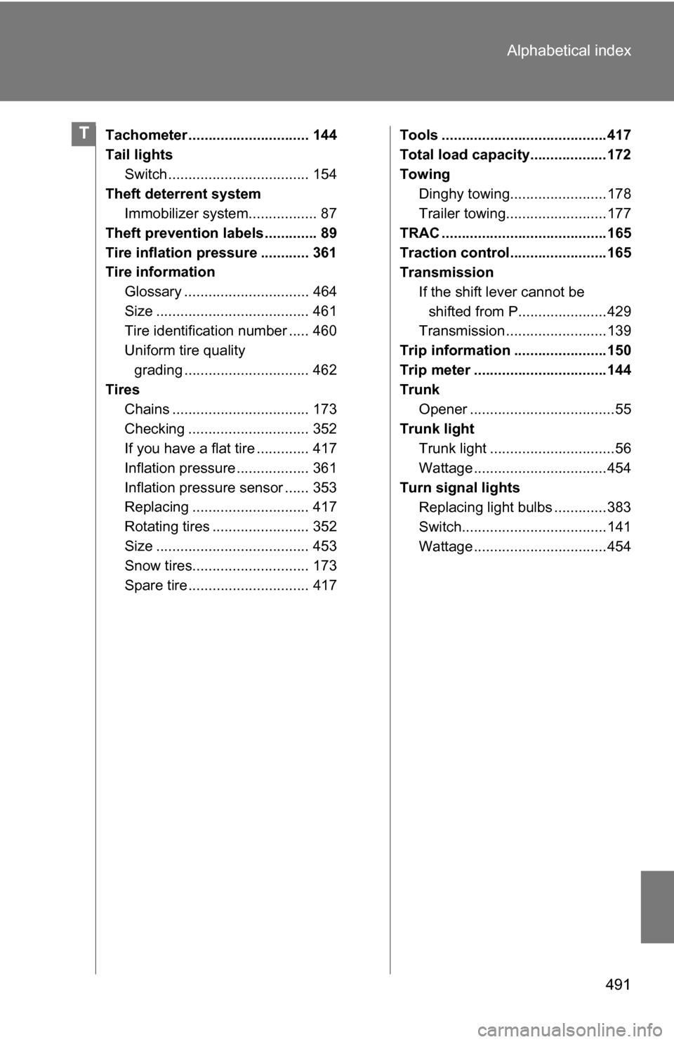 TOYOTA CAMRY HYBRID 2010 XV40 / 8.G User Guide 491
Alphabetical index
Tachometer .............................. 144
Tail lights
Switch ................................... 154
Theft deterrent system Immobilizer system................. 87
Theft prev