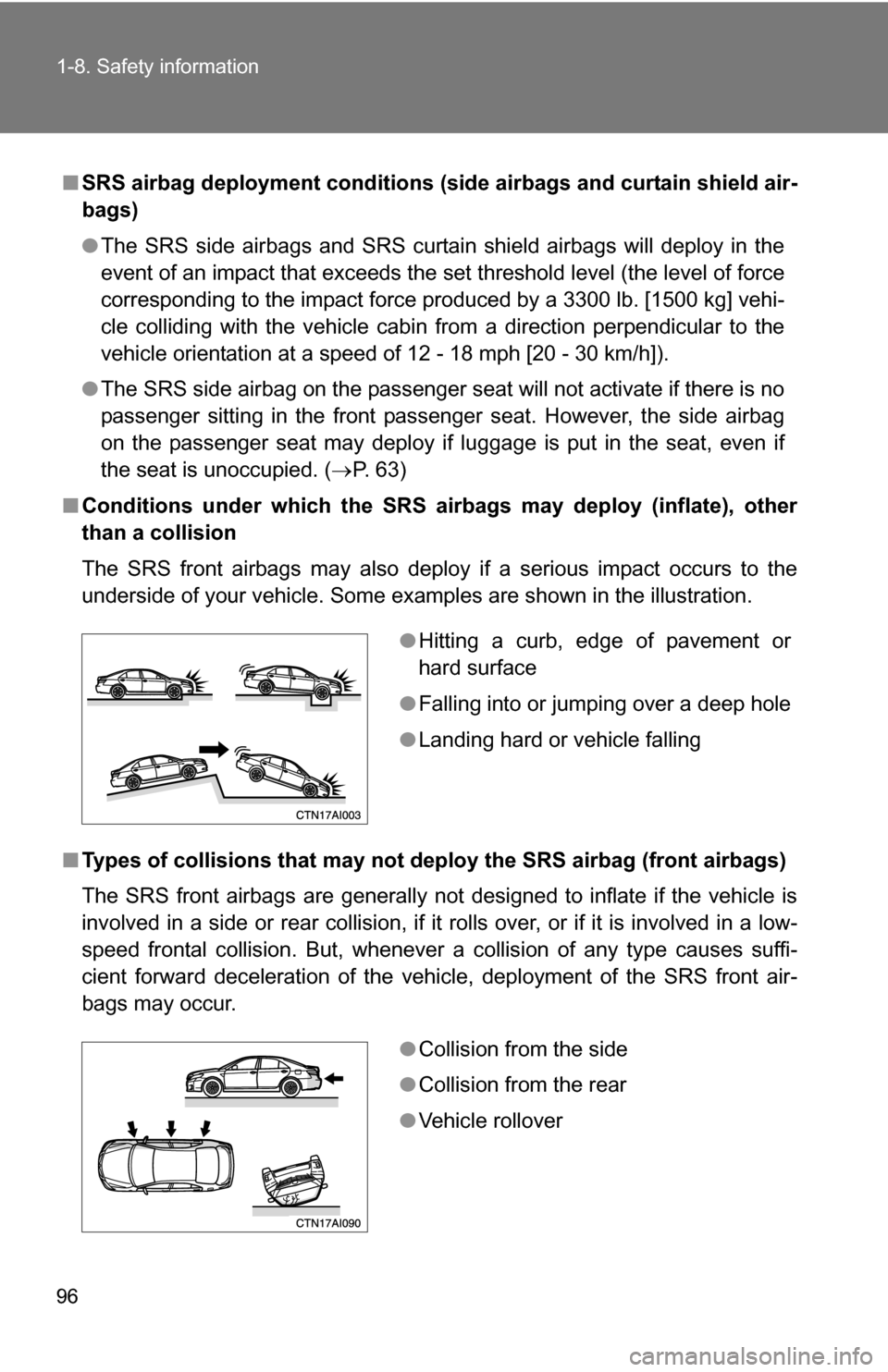 TOYOTA CAMRY HYBRID 2010 XV40 / 8.G Owners Manual 96 1-8. Safety information
■SRS airbag deployment conditions (s ide airbags and curtain shield air-
bags)
● The SRS side airbags and SRS curtain shield airbags will deploy in the
event of an impac