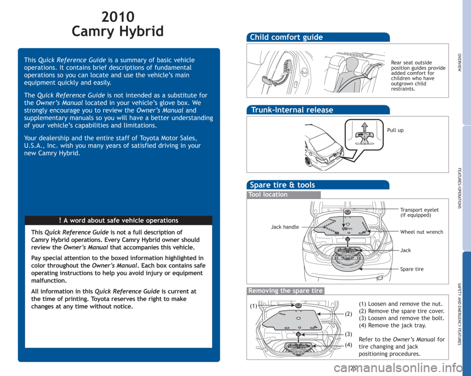 TOYOTA CAMRY HYBRID 2010 XV40 / 8.G Quick Reference Guide 2010 
Camry Hybrid
!A word about safe vehicle operations This Quick Reference Guideis a summary of basic vehicle
operations. It contains brief descriptions of fundamental
operations so you can locate 