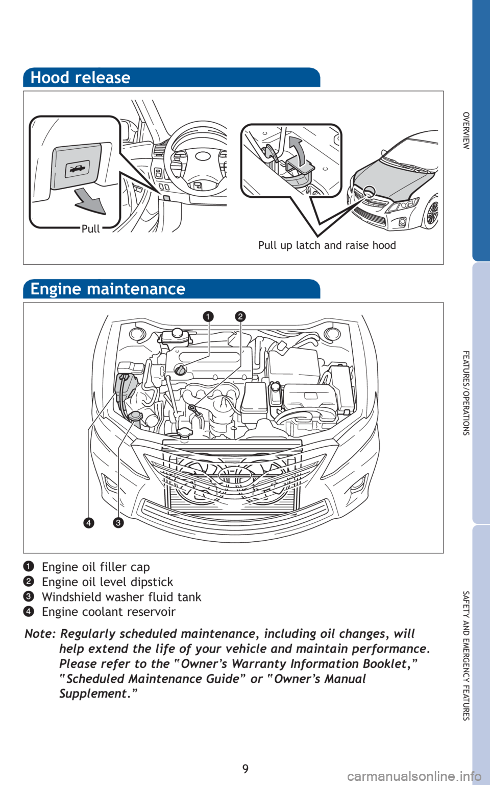 TOYOTA CAMRY HYBRID 2010 XV40 / 8.G Quick Reference Guide 9
OVERVIEW
FEATURES/OPERATIONS
SAFETY AND EMERGENCY FEATURES
Hood release
Pull up latch and raise hood
Pull
Engine oil filler cap
Engine oil level dipstick
Windshield washer fluid tank
Engine coolant TOYOTA CAMRY HYBRID 2010 XV40 / 8.G Quick Reference Guide 9
OVERVIEW
FEATURES/OPERATIONS
SAFETY AND EMERGENCY FEATURES
Hood release
Pull up latch and raise hood
Pull
Engine oil filler cap
Engine oil level dipstick
Windshield washer fluid tank
Engine coolant