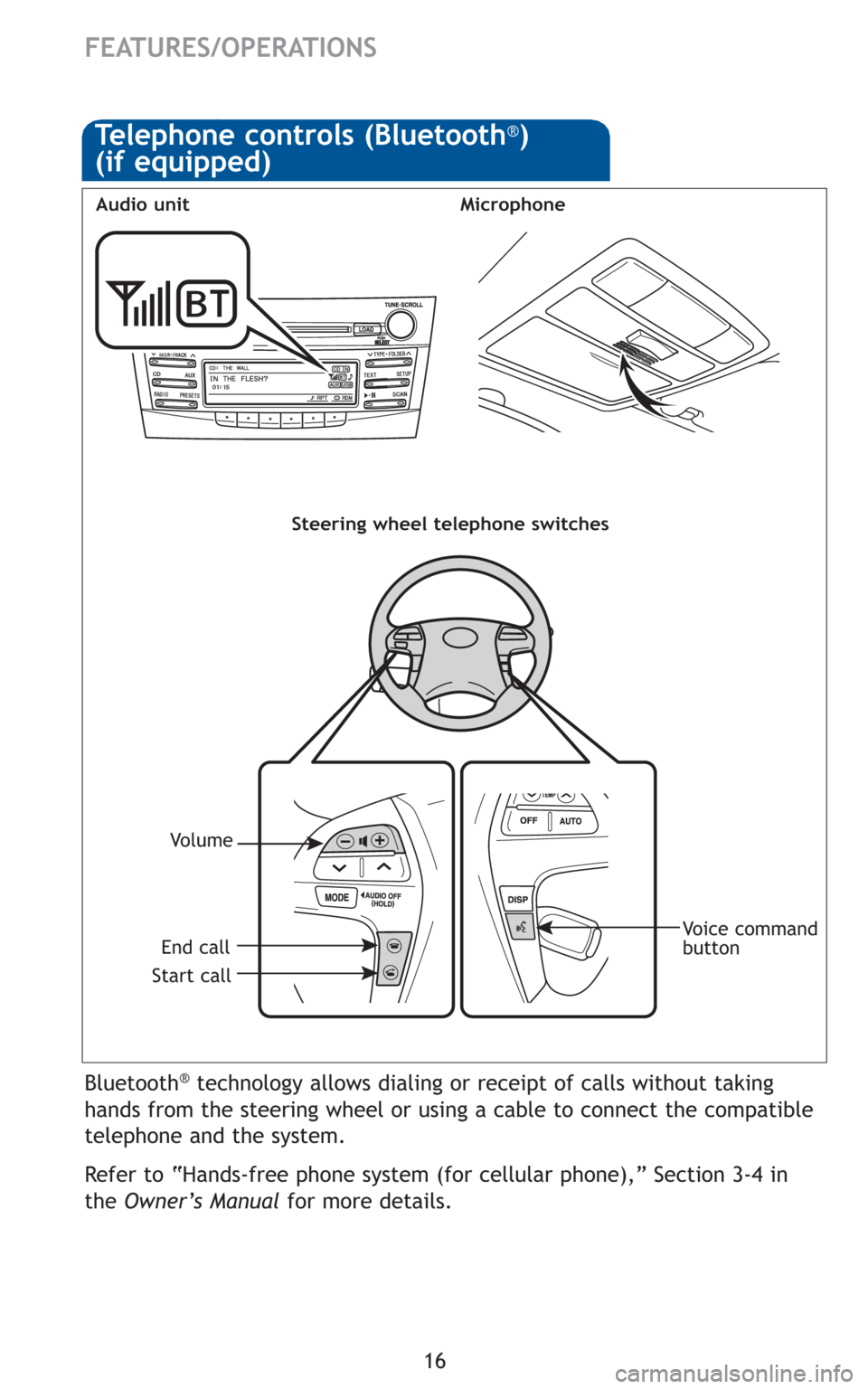 TOYOTA CAMRY HYBRID 2010 XV40 / 8.G Quick Reference Guide 16
FEATURES/OPERATIONS
Bluetooth®technology allows dialing or receipt of calls without taking
hands from the steering wheel or using a cable to connect the compatible
telephone and the system. 
Refer