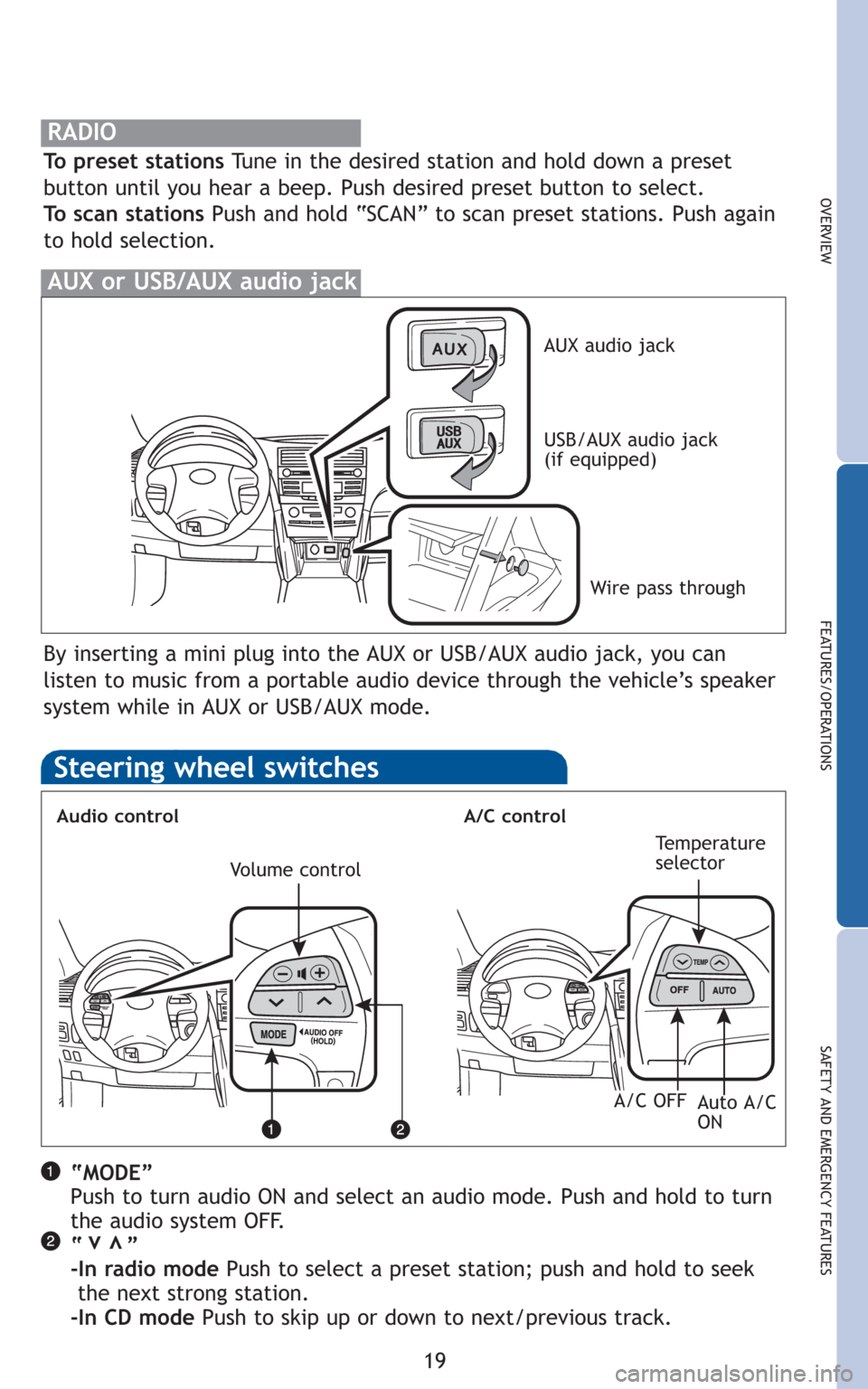 TOYOTA CAMRY HYBRID 2010 XV40 / 8.G Quick Reference Guide OVERVIEW
FEATURES/OPERATIONS
SAFETY AND EMERGENCY FEATURES
Steering wheel switches
Audio controlA/C control
“MODE”
Push to turn audio ON and select an audio mode. Push and hold to turn
the audio TOYOTA CAMRY HYBRID 2010 XV40 / 8.G Quick Reference Guide OVERVIEW
FEATURES/OPERATIONS
SAFETY AND EMERGENCY FEATURES
Steering wheel switches
Audio controlA/C control
“MODE”
Push to turn audio ON and select an audio mode. Push and hold to turn
the audio