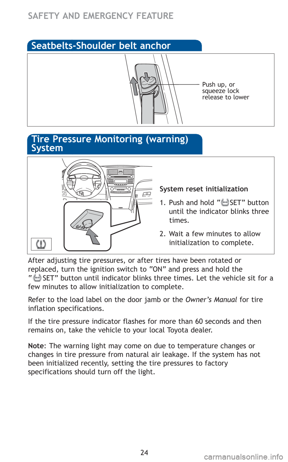 TOYOTA CAMRY HYBRID 2010 XV40 / 8.G Quick Reference Guide 24
SAFETY AND EMERGENCY FEATURE
Push up, or
squeeze lock
release to lower
System reset initialization
1. Push and hold “    SET” button 
until the indicator blinks three
times.
2. Wait a few minut
