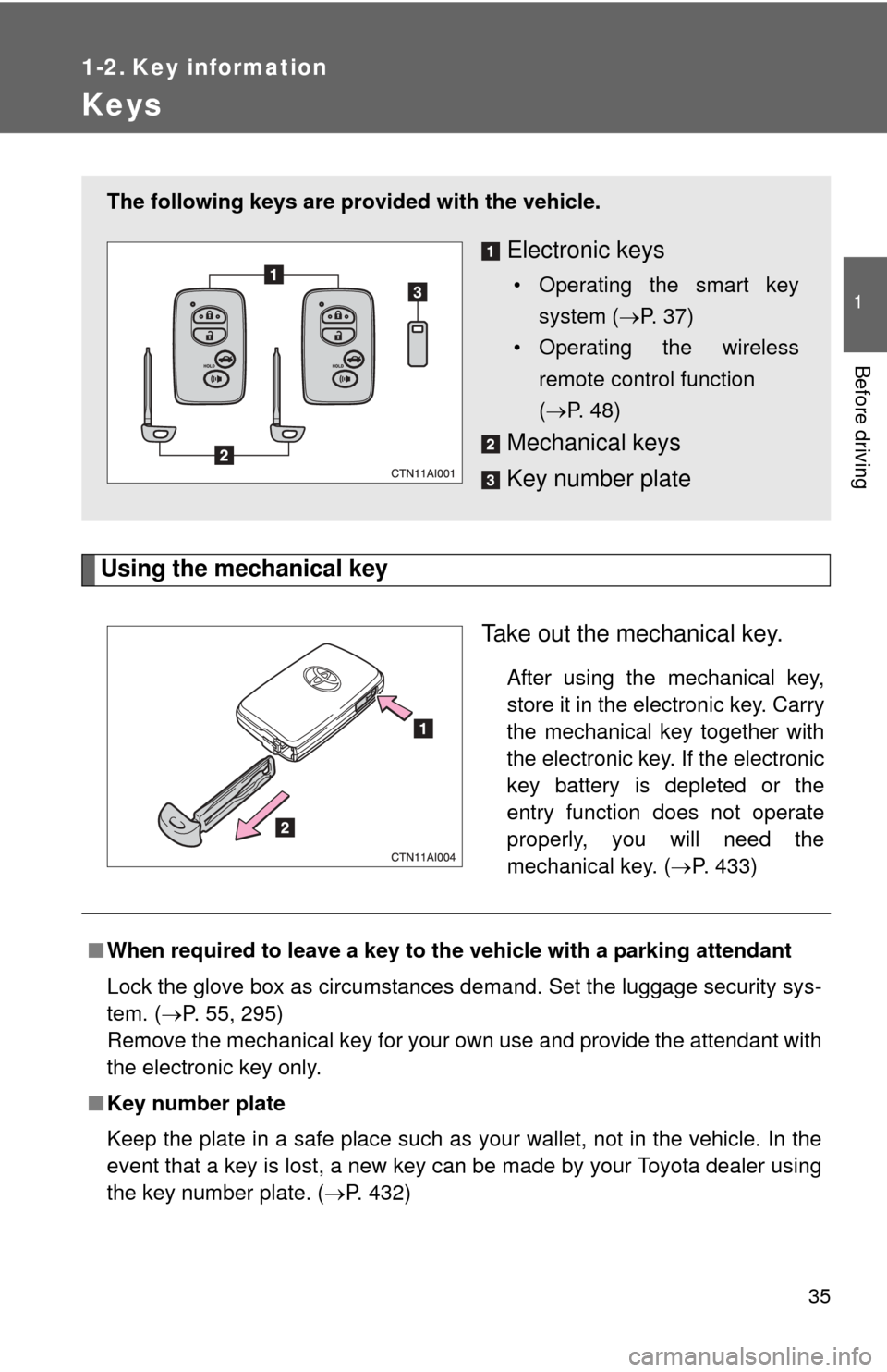 TOYOTA CAMRY HYBRID 2011 XV50 / 9.G Owners Guide 35
1
Before driving
1-2. Key information
Keys
Using the mechanical keyTake out the mechanical key.
After using the mechanical key,
store it in the electronic key. Carry
the mechanical key together wit