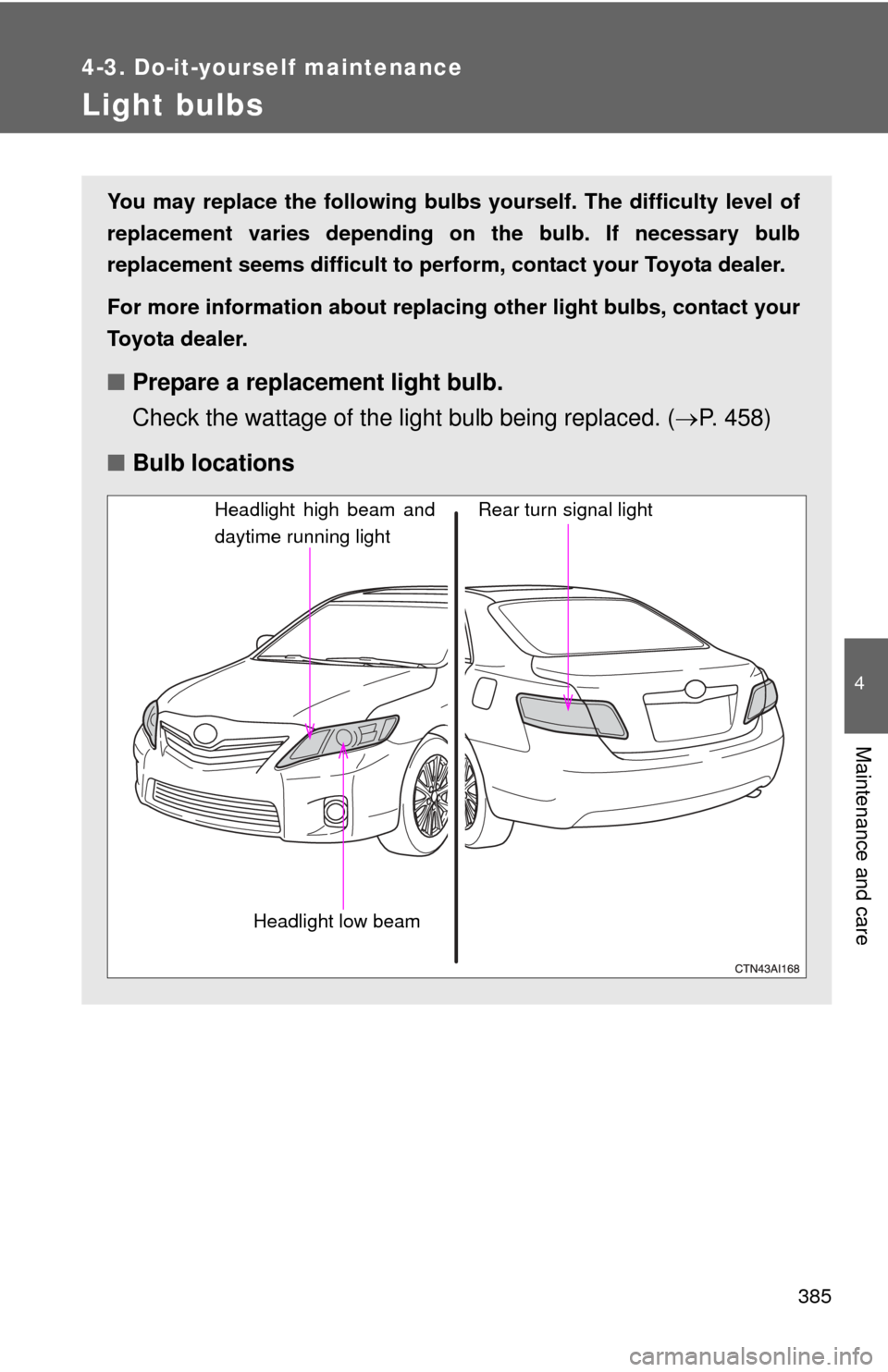 TOYOTA CAMRY HYBRID 2011 XV50 / 9.G Owners Manual 385
4-3. Do-it-yourself maintenance
4
Maintenance and care
Light bulbs
You may replace the following bulbs yourself. The difficulty level of
replacement varies depending on the bulb. If necessary bulb