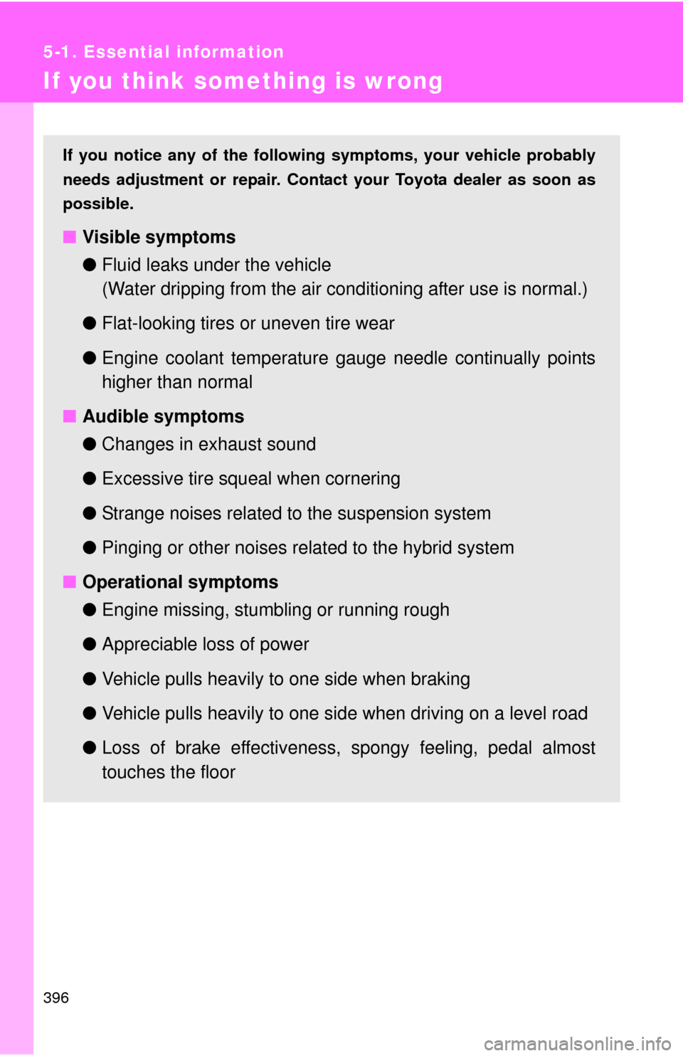 TOYOTA CAMRY HYBRID 2011 XV50 / 9.G Owners Manual 396
5-1. Essential information
If you think something is wrong
If you notice any of the following symptoms, your vehicle probably
needs adjustment or repair. Contact your Toyota dealer as soon as
poss TOYOTA CAMRY HYBRID 2011 XV50 / 9.G Owners Manual 396
5-1. Essential information
If you think something is wrong
If you notice any of the following symptoms, your vehicle probably
needs adjustment or repair. Contact your Toyota dealer as soon as
poss