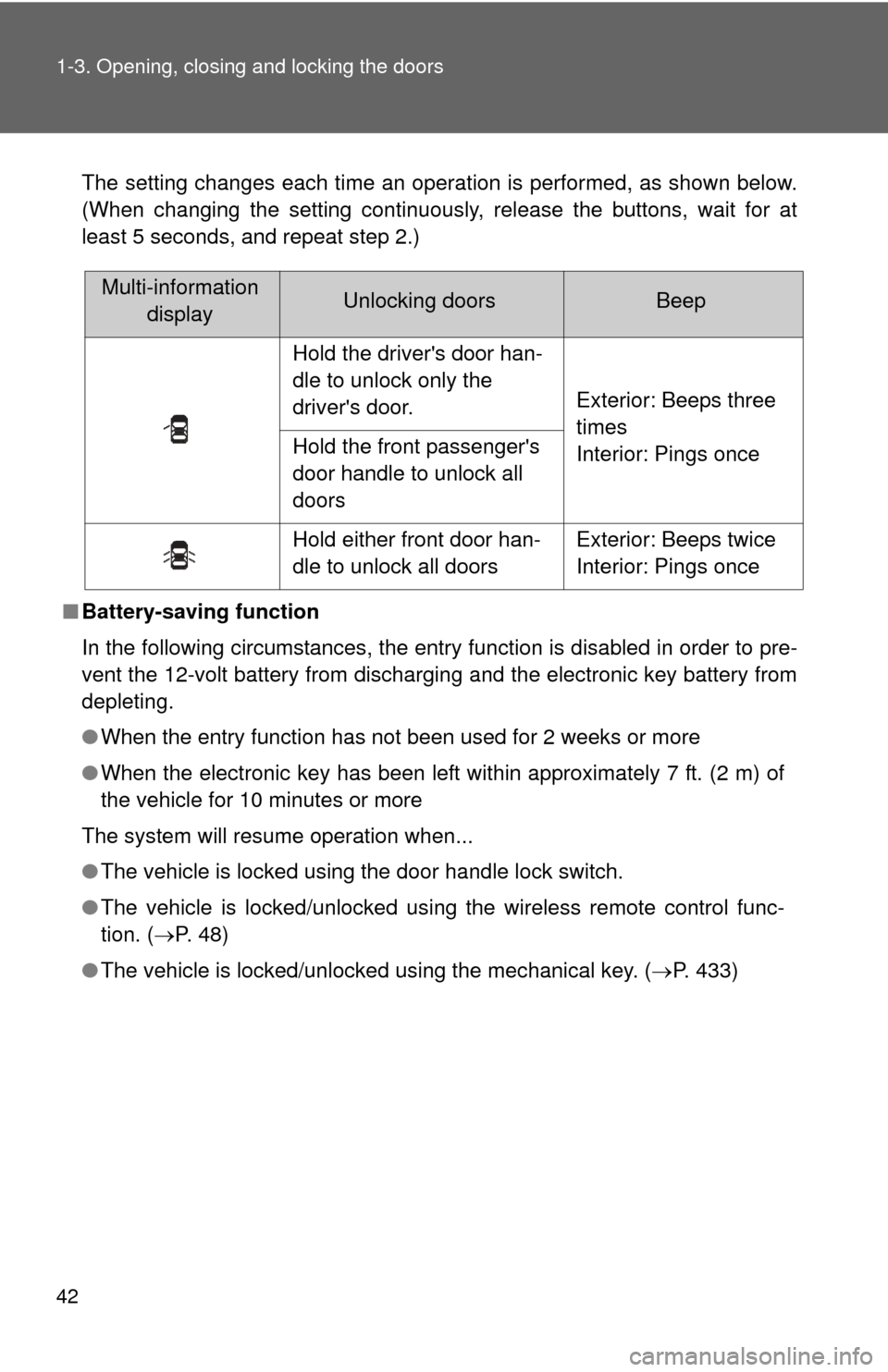 TOYOTA CAMRY HYBRID 2011 XV50 / 9.G Service Manual 42 1-3. Opening, closing and locking the doors
The setting changes each time an operation is performed, as shown below.
(When changing the setting continuously, release the buttons, wait for at
least TOYOTA CAMRY HYBRID 2011 XV50 / 9.G Service Manual 42 1-3. Opening, closing and locking the doors
The setting changes each time an operation is performed, as shown below.
(When changing the setting continuously, release the buttons, wait for at
least
