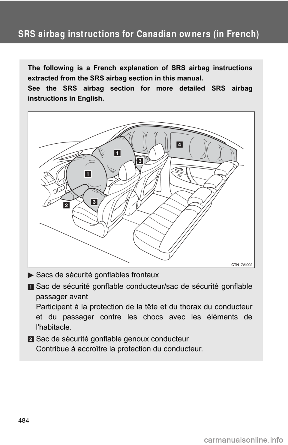 TOYOTA CAMRY HYBRID 2011 XV50 / 9.G Owners Manual 484
SRS airbag instructions for Canadian owners (in French)
The following is a French explanation of SRS airbag instructions
extracted from the SRS airbag section in this manual.
See the SRS airbag se TOYOTA CAMRY HYBRID 2011 XV50 / 9.G Owners Manual 484
SRS airbag instructions for Canadian owners (in French)
The following is a French explanation of SRS airbag instructions
extracted from the SRS airbag section in this manual.
See the SRS airbag se