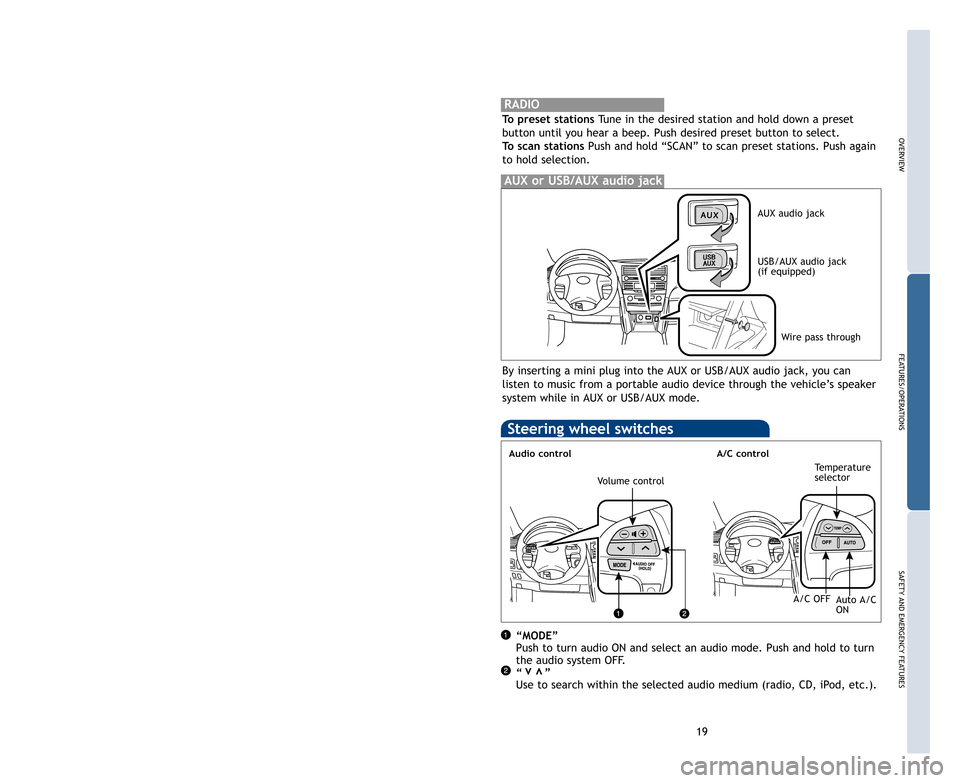 TOYOTA CAMRY HYBRID 2011 XV50 / 9.G Quick Reference Guide 18
OVERVIEW
FEATURES/OPERATIONS
SAFETYANDEMERGENCYFEATURES
FEATURES/OPERATIONS
Steering wheel switches
Audio controlA/C control
“MODE”Push to turn audio ON and select an audio mode. Push and hold TOYOTA CAMRY HYBRID 2011 XV50 / 9.G Quick Reference Guide 18
OVERVIEW
FEATURES/OPERATIONS
SAFETYANDEMERGENCYFEATURES
FEATURES/OPERATIONS
Steering wheel switches
Audio controlA/C control
“MODE”Push to turn audio ON and select an audio mode. Push and hold