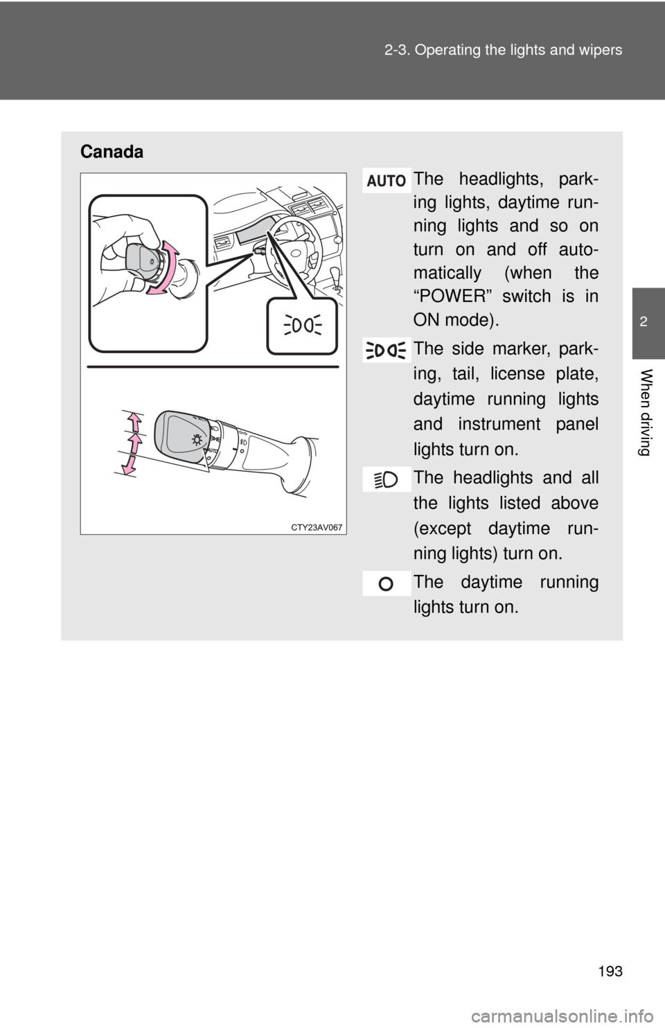 TOYOTA CAMRY HYBRID 2012 XV50 / 9.G Owners Manual 193
2-3. Operating the lights and wipers
2
When driving
Canada
The headlights, park-
ing lights, daytime run-
ning lights and so on
turn on and off auto-
matically (when the
“POWER” switch is in
O