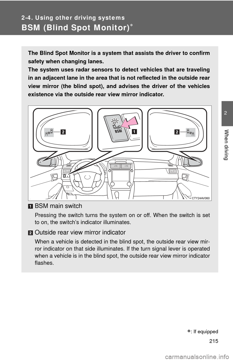 TOYOTA CAMRY HYBRID 2012 XV50 / 9.G Owners Manual 215
2-4. Using other driving systems
2
When driving
BSM (Blind Spot Monitor)
: If equipped
The Blind Spot Monitor is a system that assists the driver to confirm
safety when changing lanes. 
The 