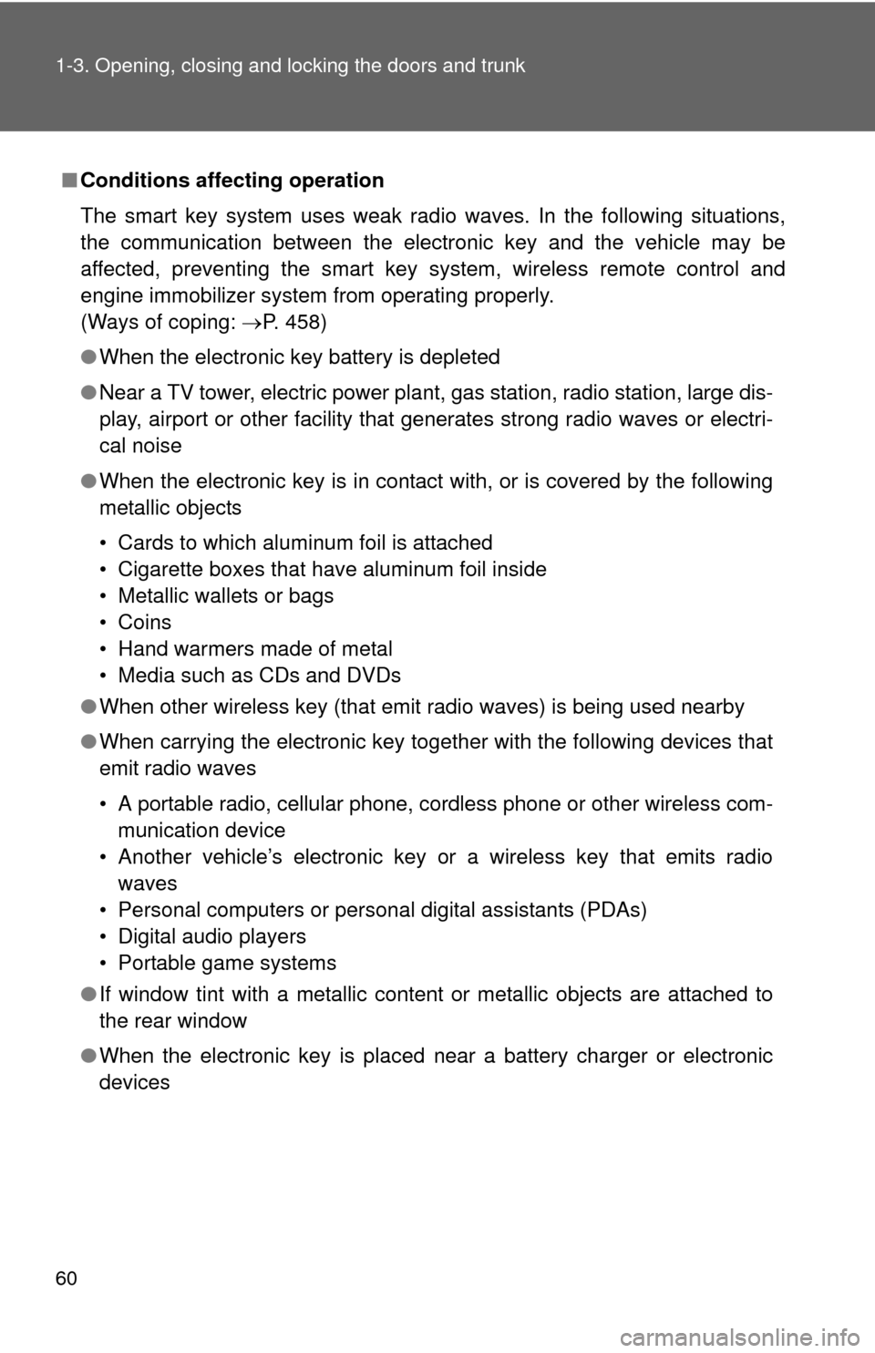 TOYOTA CAMRY HYBRID 2012 XV50 / 9.G Owners Manual 60 1-3. Opening, closing and locking the doors and trunk
■Conditions affecting operation
The smart key system uses weak radio waves. In the following situations,
the communication between the electr