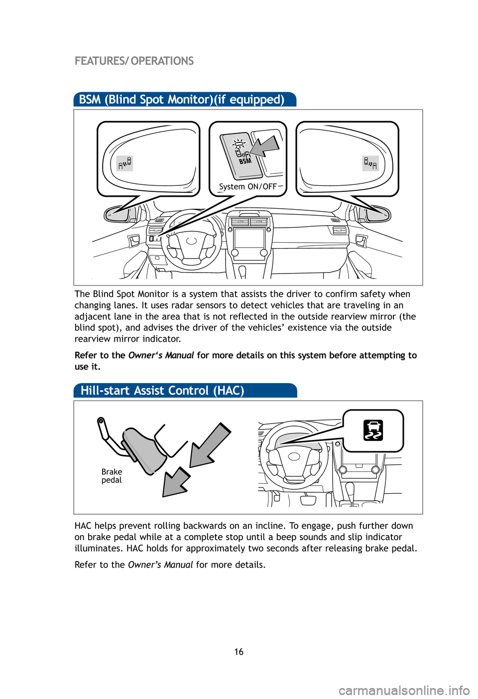 TOYOTA CAMRY HYBRID 2012 XV50 / 9.G Quick Reference Guide 16
FEATURES/ OPERATIONS
The Blind Spot Monitor is a system that assists the driver to confirm sa\
fety when
changing lanes. It uses radar sensors to detect vehicles that are travel\
ing in an
adjacent TOYOTA CAMRY HYBRID 2012 XV50 / 9.G Quick Reference Guide 16
FEATURES/ OPERATIONS
The Blind Spot Monitor is a system that assists the driver to confirm sa\
fety when
changing lanes. It uses radar sensors to detect vehicles that are travel\
ing in an
adjacent