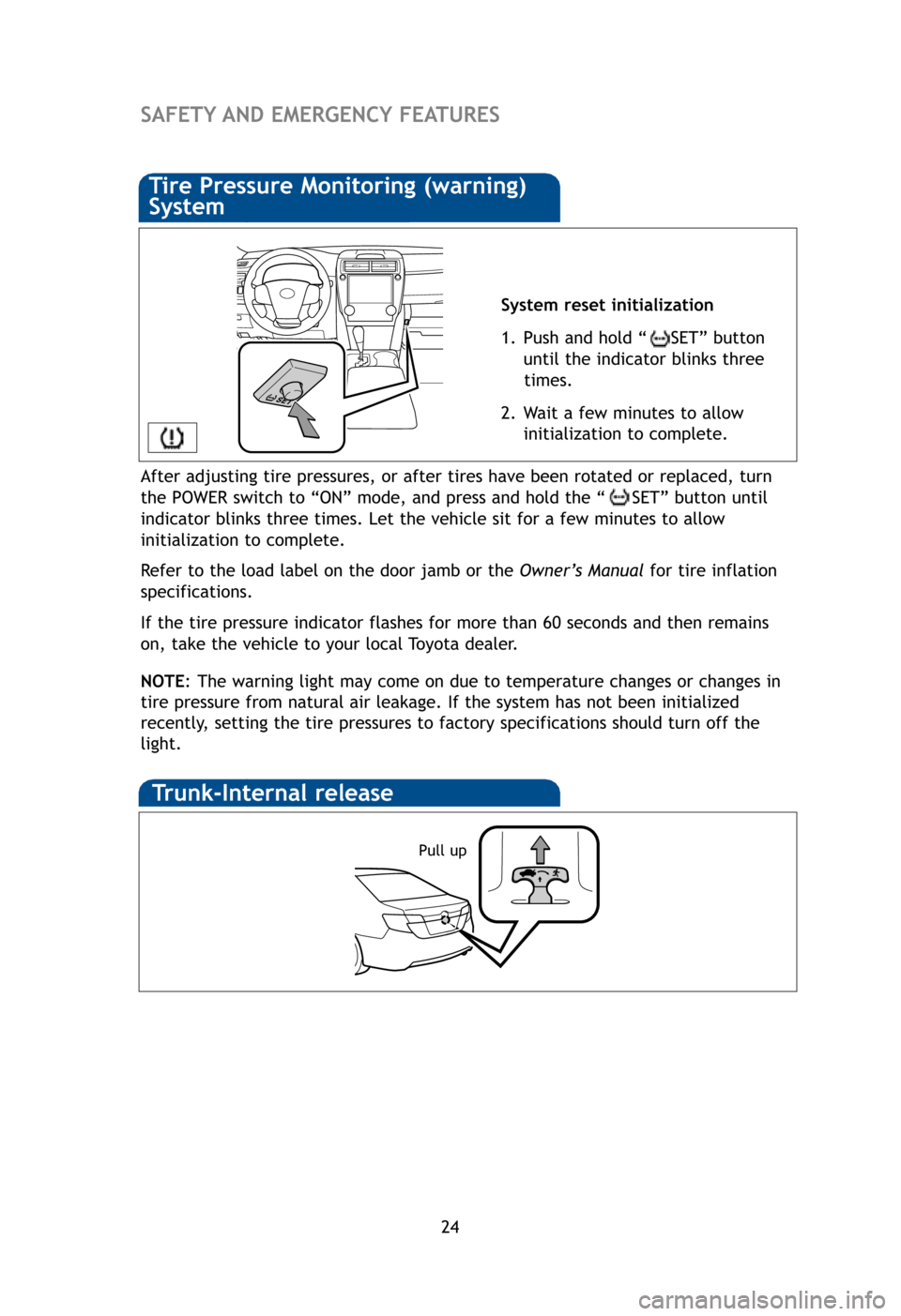 TOYOTA CAMRY HYBRID 2012 XV50 / 9.G Quick Reference Guide 24
SAFETY AND EMERGENCYFEATURES
System reset initialization
1. Push and hold “SET” button
until the indicator blinks three times.
2. Wait a few minutes to allow initialization to complete.
Se
Sp
TOYOTA CAMRY HYBRID 2012 XV50 / 9.G Quick Reference Guide 24
SAFETY AND EMERGENCYFEATURES
System reset initialization
1. Push and hold “SET” button
until the indicator blinks three times.
2. Wait a few minutes to allow initialization to complete.
Se
Sp