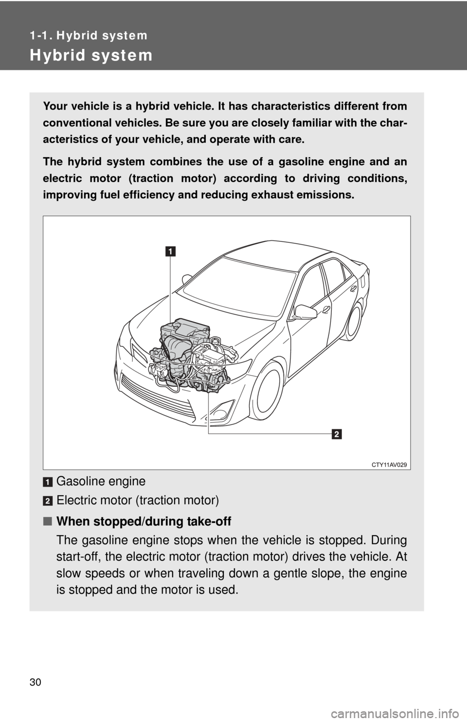 TOYOTA CAMRY HYBRID 2013 XV50 / 9.G Owners Manual 30
1-1. Hybrid system
Hybrid system
Your vehicle is a hybrid vehicle. It has characteristics different from
conventional vehicles. Be sure you are closely familiar with the char-
acteristics of your v TOYOTA CAMRY HYBRID 2013 XV50 / 9.G Owners Manual 30
1-1. Hybrid system
Hybrid system
Your vehicle is a hybrid vehicle. It has characteristics different from
conventional vehicles. Be sure you are closely familiar with the char-
acteristics of your v