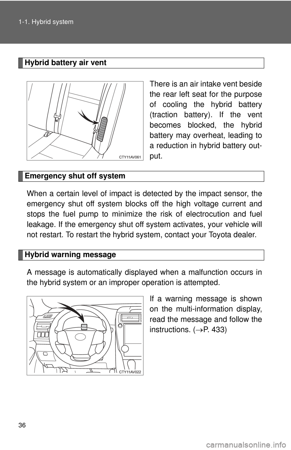 TOYOTA CAMRY HYBRID 2013 XV50 / 9.G Owners Manual 36 1-1. Hybrid system
Hybrid battery air vent There is an air intake vent beside
the rear left seat for the purpose
of cooling the hybrid battery
(traction battery). If the vent
becomes blocked, the h