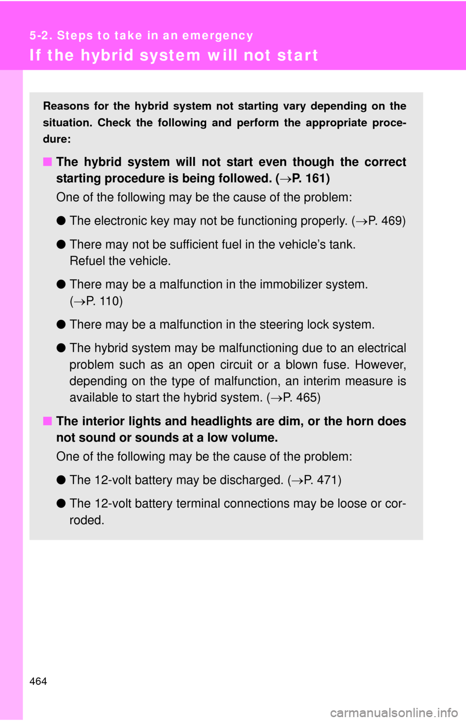 TOYOTA CAMRY HYBRID 2013 XV50 / 9.G Owners Manual 464
5-2. Steps to take in an emergency
If the hybrid system will not start
Reasons for the hybrid system not starting vary depending on the
situation. Check the following a nd perform the appropriate TOYOTA CAMRY HYBRID 2013 XV50 / 9.G Owners Manual 464
5-2. Steps to take in an emergency
If the hybrid system will not start
Reasons for the hybrid system not starting vary depending on the
situation. Check the following a nd perform the appropriate