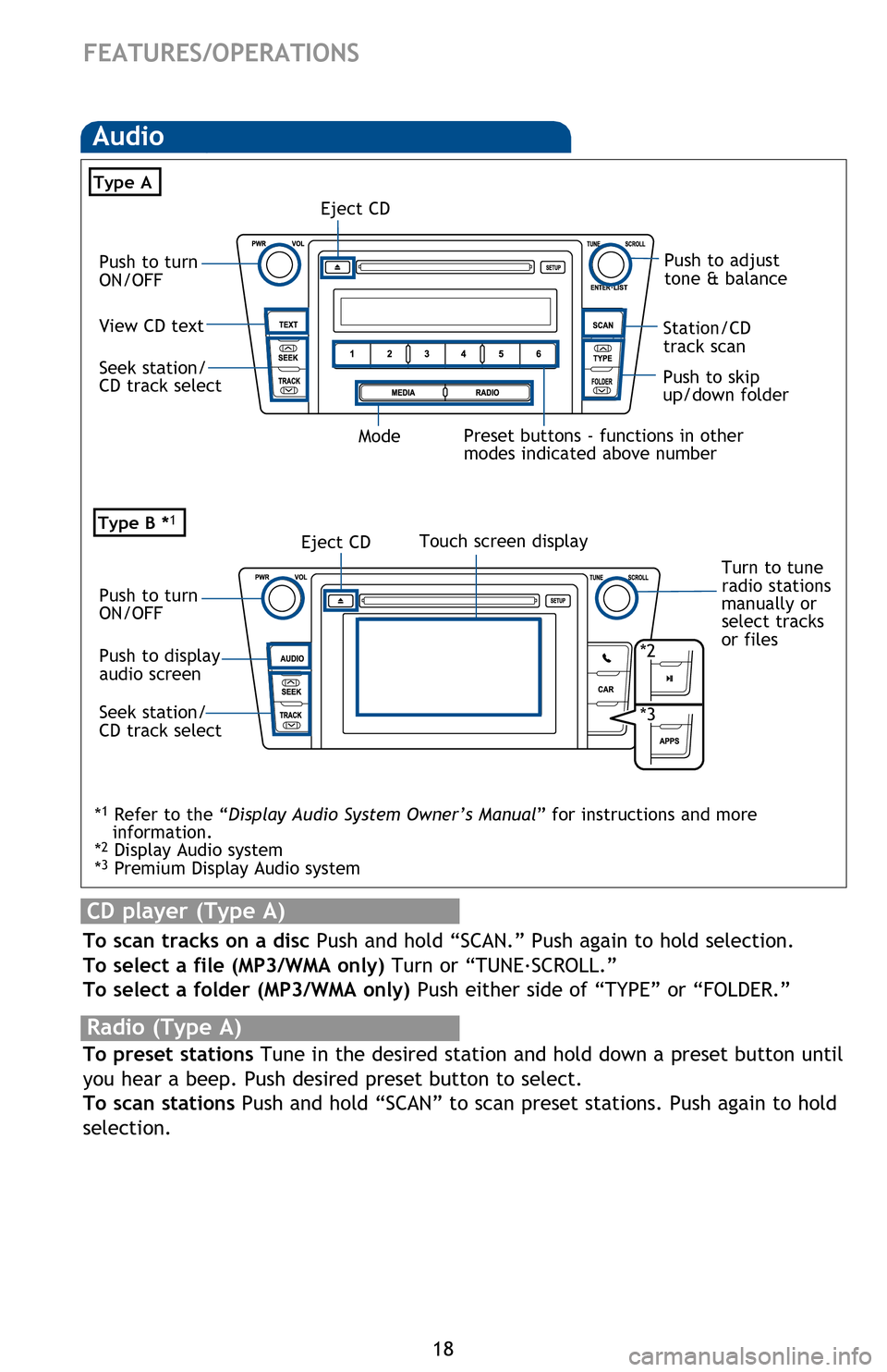 TOYOTA CAMRY HYBRID 2013 XV50 / 9.G Quick Reference Guide 18
FEATURES/OPERATIONS
Audio
CD player (Type A)
To scan tracks on a disc Push and hold “SCAN.” Push again to hold selection.
To select a file (MP3/WMA only) Turn or “TUNE.
SCROLL.”
To select TOYOTA CAMRY HYBRID 2013 XV50 / 9.G Quick Reference Guide 18
FEATURES/OPERATIONS
Audio
CD player (Type A)
To scan tracks on a disc Push and hold “SCAN.” Push again to hold selection.
To select a file (MP3/WMA only) Turn or “TUNE.
SCROLL.”
To select