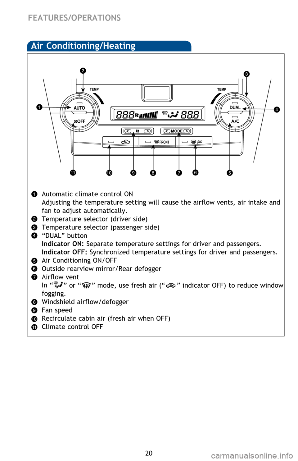 TOYOTA CAMRY HYBRID 2013 XV50 / 9.G Quick Reference Guide 20
FEATURES/OPERATIONS
Seat heaters (if equipped)
Clock
Refer to the Owner’s Manual for instructions on adjusting time.
Air Conditioning/Heating
Automatic climate control ON
Adjusting the temperatu TOYOTA CAMRY HYBRID 2013 XV50 / 9.G Quick Reference Guide 20
FEATURES/OPERATIONS
Seat heaters (if equipped)
Clock
Refer to the Owner’s Manual for instructions on adjusting time.
Air Conditioning/Heating
Automatic climate control ON
Adjusting the temperatu