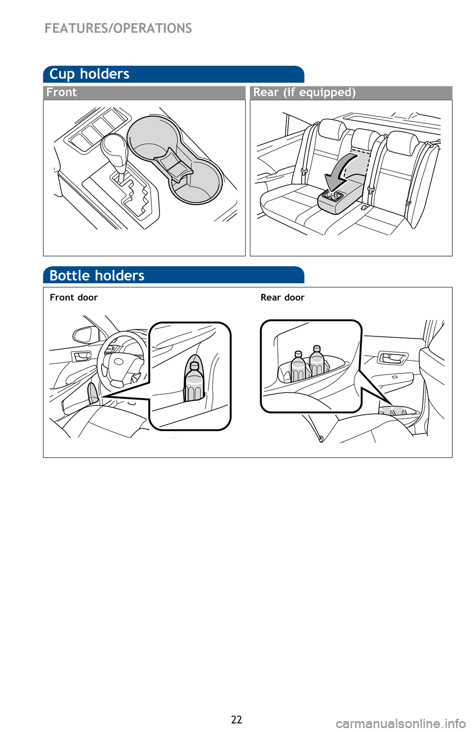 TOYOTA CAMRY HYBRID 2013 XV50 / 9.G Quick Reference Guide 22
FEATURES/OPERATIONSSAFETY AND EMERGENCY FEATURES
Door locks
Moving the lever to “LOCK” will allow the door to be opened only from the outside.
Rear door
Doors-Child safety locks
Cup holders
Fro TOYOTA CAMRY HYBRID 2013 XV50 / 9.G Quick Reference Guide 22
FEATURES/OPERATIONSSAFETY AND EMERGENCY FEATURES
Door locks
Moving the lever to “LOCK” will allow the door to be opened only from the outside.
Rear door
Doors-Child safety locks
Cup holders
Fro
