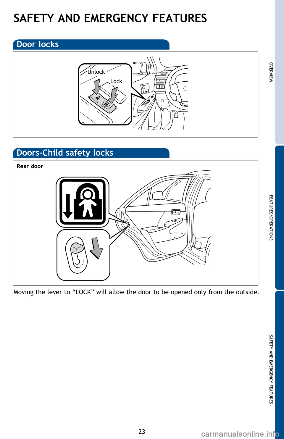TOYOTA CAMRY HYBRID 2013 XV50 / 9.G Quick Reference Guide OVERVIEW
FEATURES/OPERATIONS
SAFETY AND EMERGENCY FEATURES
23
SAFETY AND EMERGENCY FEATURES
Door locks
Moving the lever to “LOCK” will allow the door to be opened only from the outside.
Rear door
