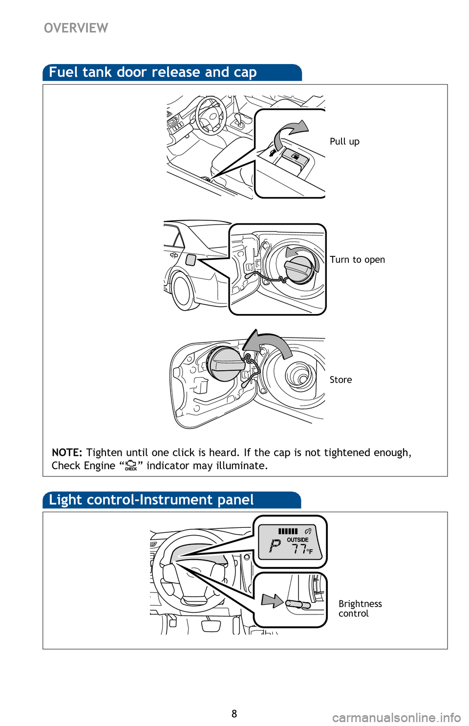 TOYOTA CAMRY HYBRID 2013 XV50 / 9.G Quick Reference Guide 8
Hood releaseFuel tank door release and cap
Engine oil filler cap
Engine oil level dipstick
Engine coolant reservoir
Windshield washer fluid tank
NOTE: Regularly scheduled maintenance, including oil TOYOTA CAMRY HYBRID 2013 XV50 / 9.G Quick Reference Guide 8
Hood releaseFuel tank door release and cap
Engine oil filler cap
Engine oil level dipstick
Engine coolant reservoir
Windshield washer fluid tank
NOTE: Regularly scheduled maintenance, including oil
