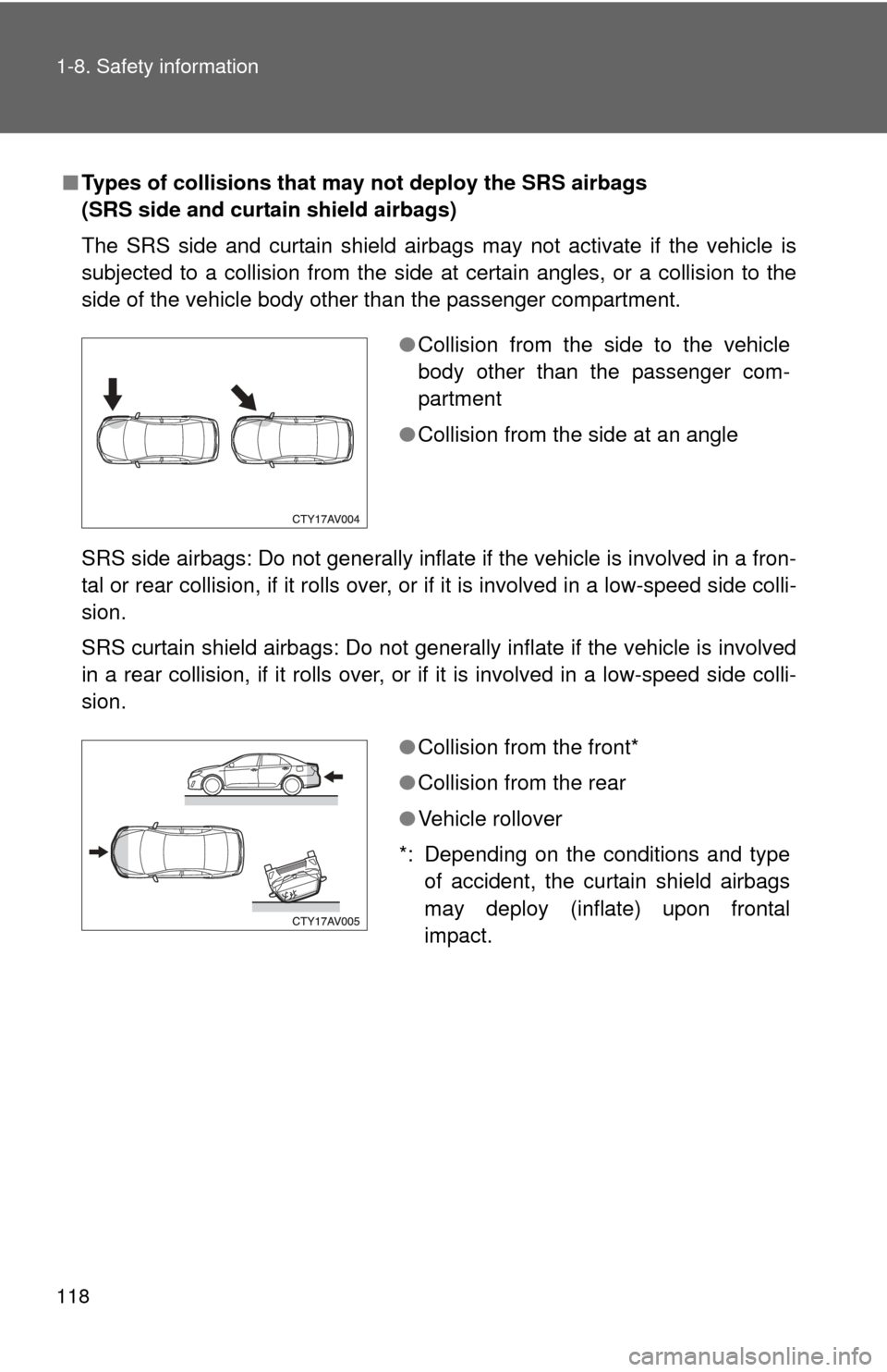 TOYOTA CAMRY HYBRID 2014 XV50 / 9.G Owners Manual 118 1-8. Safety information
■Types of collisions that may not deploy the SRS airbags
(SRS side and curtain shield airbags)
The SRS side and curtain shield airbags may not activate if the vehicle is TOYOTA CAMRY HYBRID 2014 XV50 / 9.G Owners Manual 118 1-8. Safety information
■Types of collisions that may not deploy the SRS airbags
(SRS side and curtain shield airbags)
The SRS side and curtain shield airbags may not activate if the vehicle is