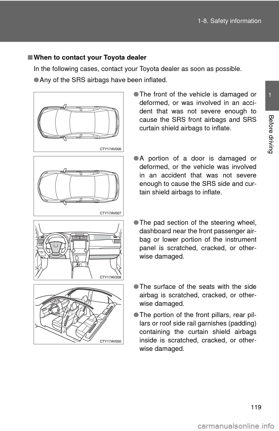 TOYOTA CAMRY HYBRID 2014 XV50 / 9.G Owners Manual 119
1-8. Safety information
1
Before driving
■
When to contact your Toyota dealer
In the following cases, contact your Toyota dealer as soon as possible.
●Any of the SRS airbags have been inflated TOYOTA CAMRY HYBRID 2014 XV50 / 9.G Owners Manual 119
1-8. Safety information
1
Before driving
■
When to contact your Toyota dealer
In the following cases, contact your Toyota dealer as soon as possible.
●Any of the SRS airbags have been inflated