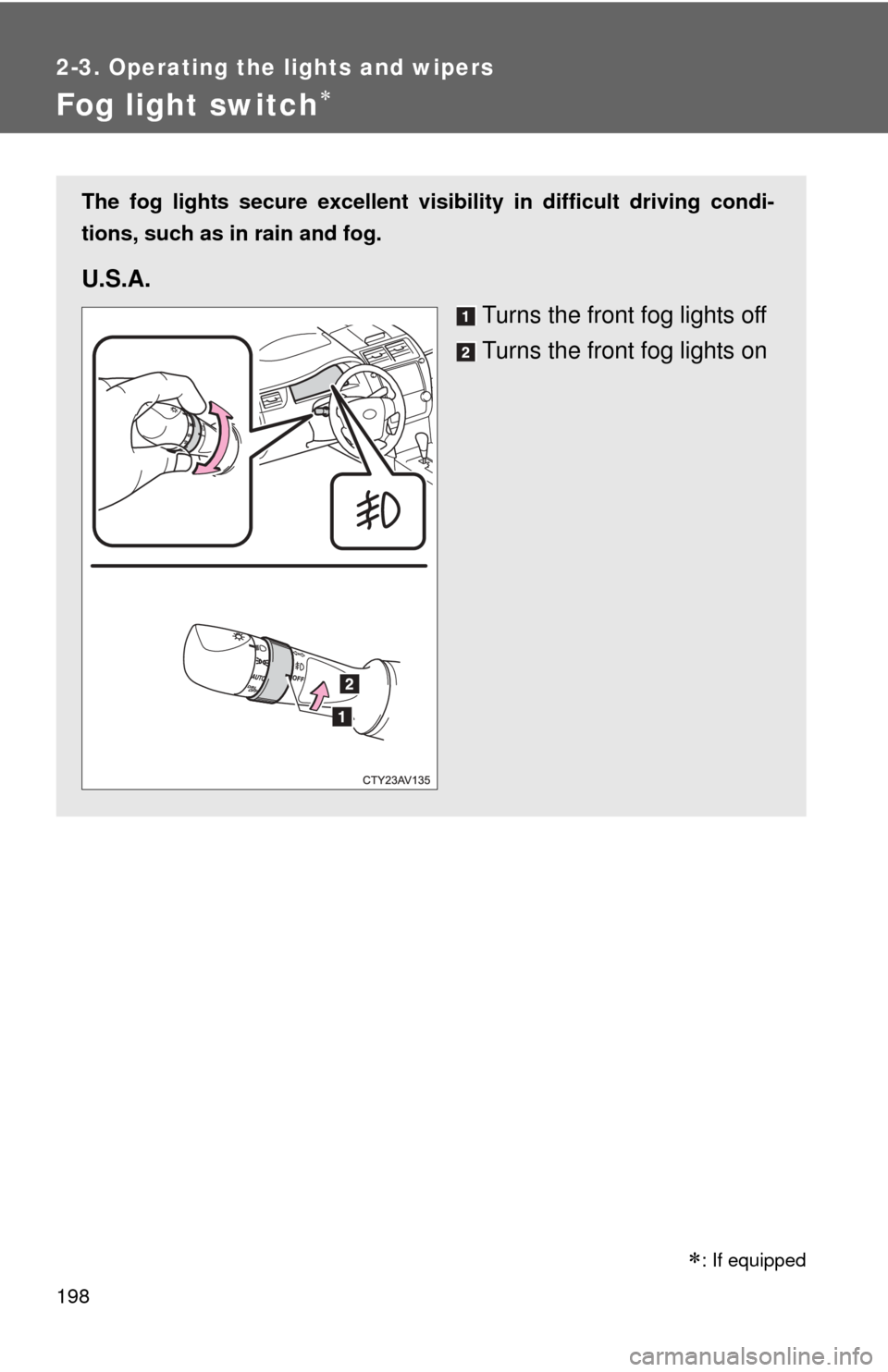 TOYOTA CAMRY HYBRID 2014 XV50 / 9.G Owners Manual 198
2-3. Operating the lights and wipers
Fog light switch
: If equipped
The fog lights secure excellent visibility in difficult driving condi-
tions, such as in rain and fog. 
U.S.A.
Turns the f