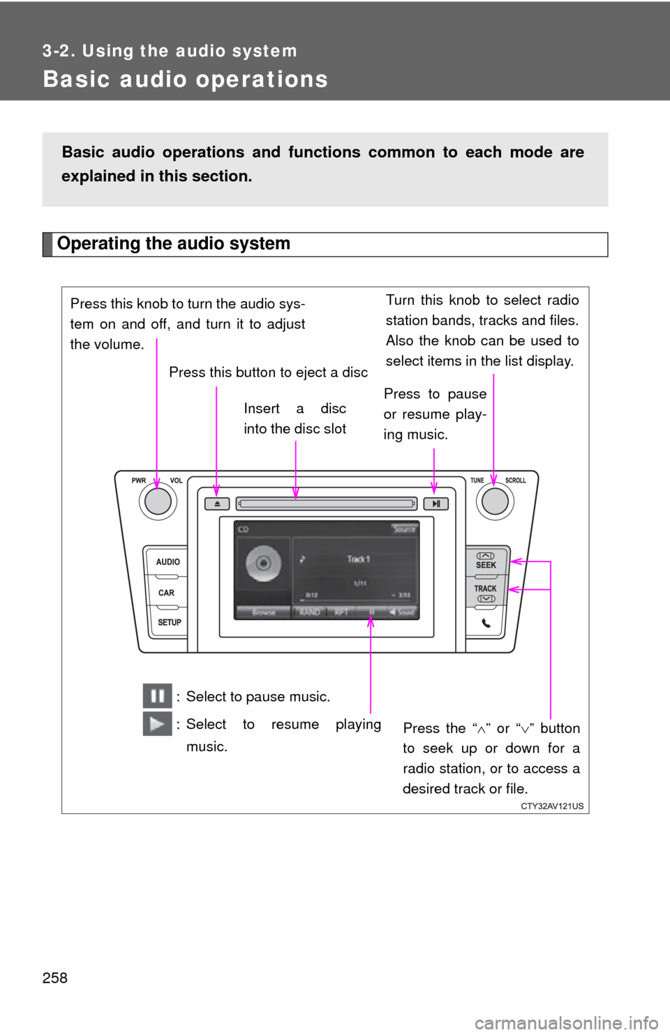 TOYOTA CAMRY HYBRID 2014 XV50 / 9.G Owners Manual 258
3-2. Using the audio system
Basic audio operations
Operating the audio system
Basic audio operations and functions common to each mode are
explained in this section.
Press the “ ” or “