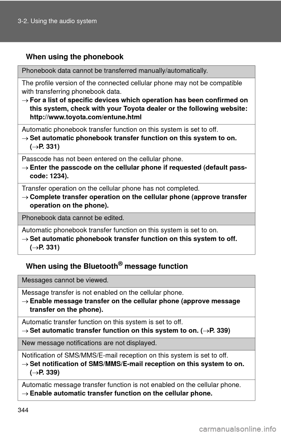 TOYOTA CAMRY HYBRID 2014 XV50 / 9.G Owners Manual 344 3-2. Using the audio system
When using the phonebook
When using the Bluetooth
® message function
Phonebook data cannot be transferred manually/automatically.
The profile version of the connected TOYOTA CAMRY HYBRID 2014 XV50 / 9.G Owners Manual 344 3-2. Using the audio system
When using the phonebook
When using the Bluetooth
® message function
Phonebook data cannot be transferred manually/automatically.
The profile version of the connected