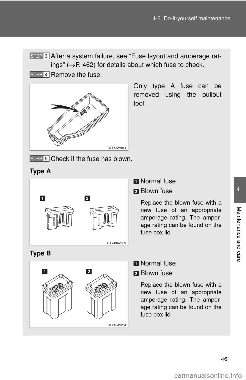 TOYOTA CAMRY HYBRID 2014 XV50 / 9.G Owners Manual 461
4-3. Do-it-yourself maintenance
4
Maintenance and care
After a system failure, see “Fuse layout and amperage rat-
ings” (
P. 462) for details about which fuse to check.
Remove the fuse.
Onl TOYOTA CAMRY HYBRID 2014 XV50 / 9.G Owners Manual 461
4-3. Do-it-yourself maintenance
4
Maintenance and care
After a system failure, see “Fuse layout and amperage rat-
ings” (
P. 462) for details about which fuse to check.
Remove the fuse.
Onl