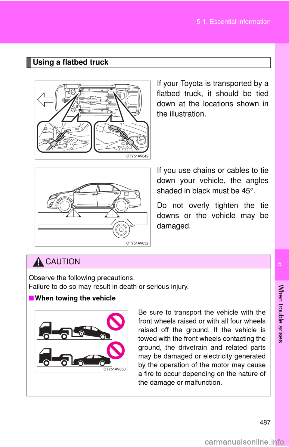 TOYOTA CAMRY HYBRID 2014 XV50 / 9.G Owners Manual 5
When trouble arises
487
5-1. Essential information
Using a flatbed truck
If your Toyota is transported by a
flatbed truck, it should be tied
down at the locations shown in
the illustration.
If you u