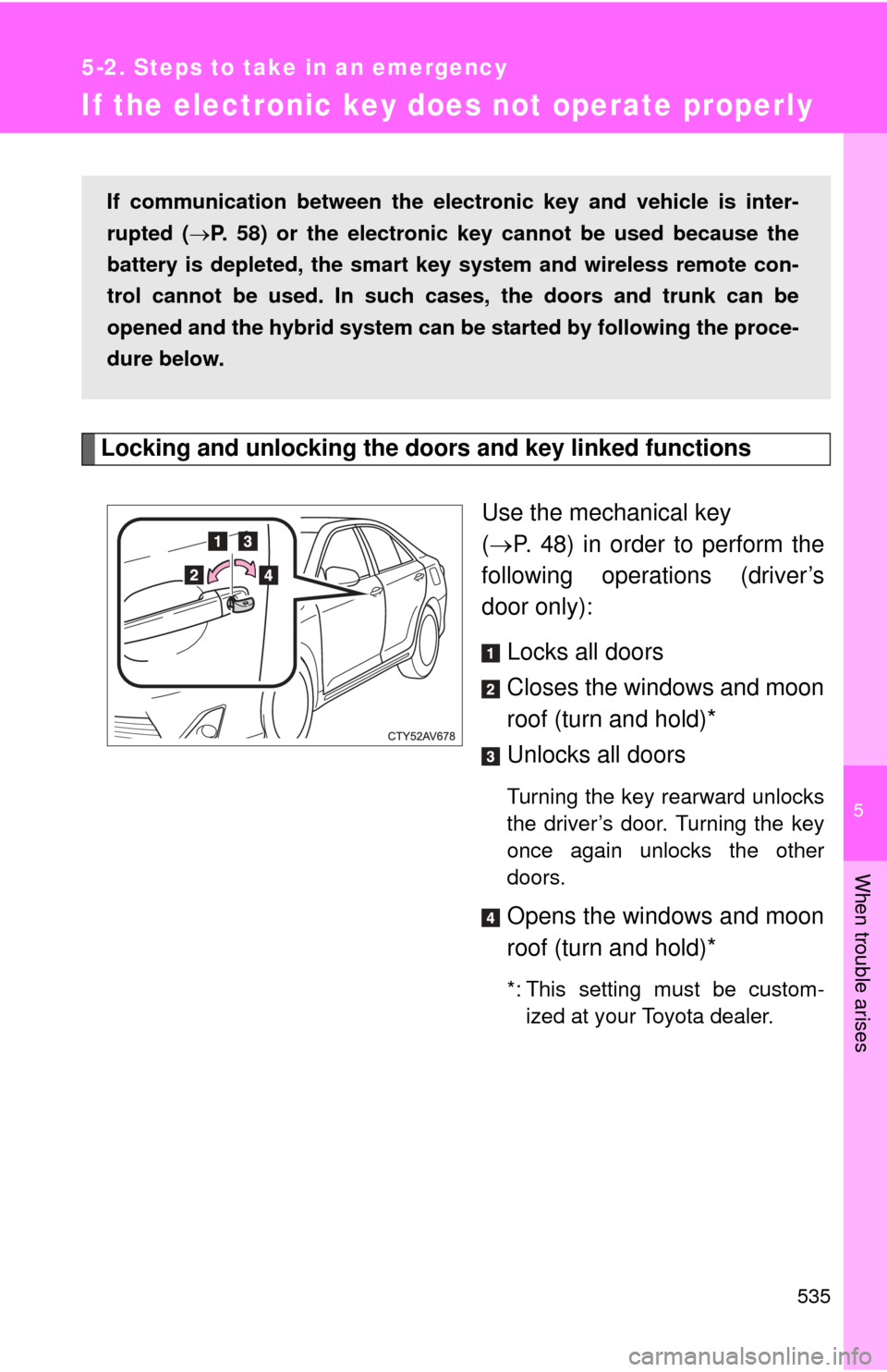 TOYOTA CAMRY HYBRID 2014 XV50 / 9.G Owners Manual 5
When trouble arises
535
5-2. Steps to take in an emergency
If the electronic key does not operate properly
Locking and unlocking the doors and key linked functions
Use the mechanical key
( P. 48 TOYOTA CAMRY HYBRID 2014 XV50 / 9.G Owners Manual 5
When trouble arises
535
5-2. Steps to take in an emergency
If the electronic key does not operate properly
Locking and unlocking the doors and key linked functions
Use the mechanical key
( P. 48