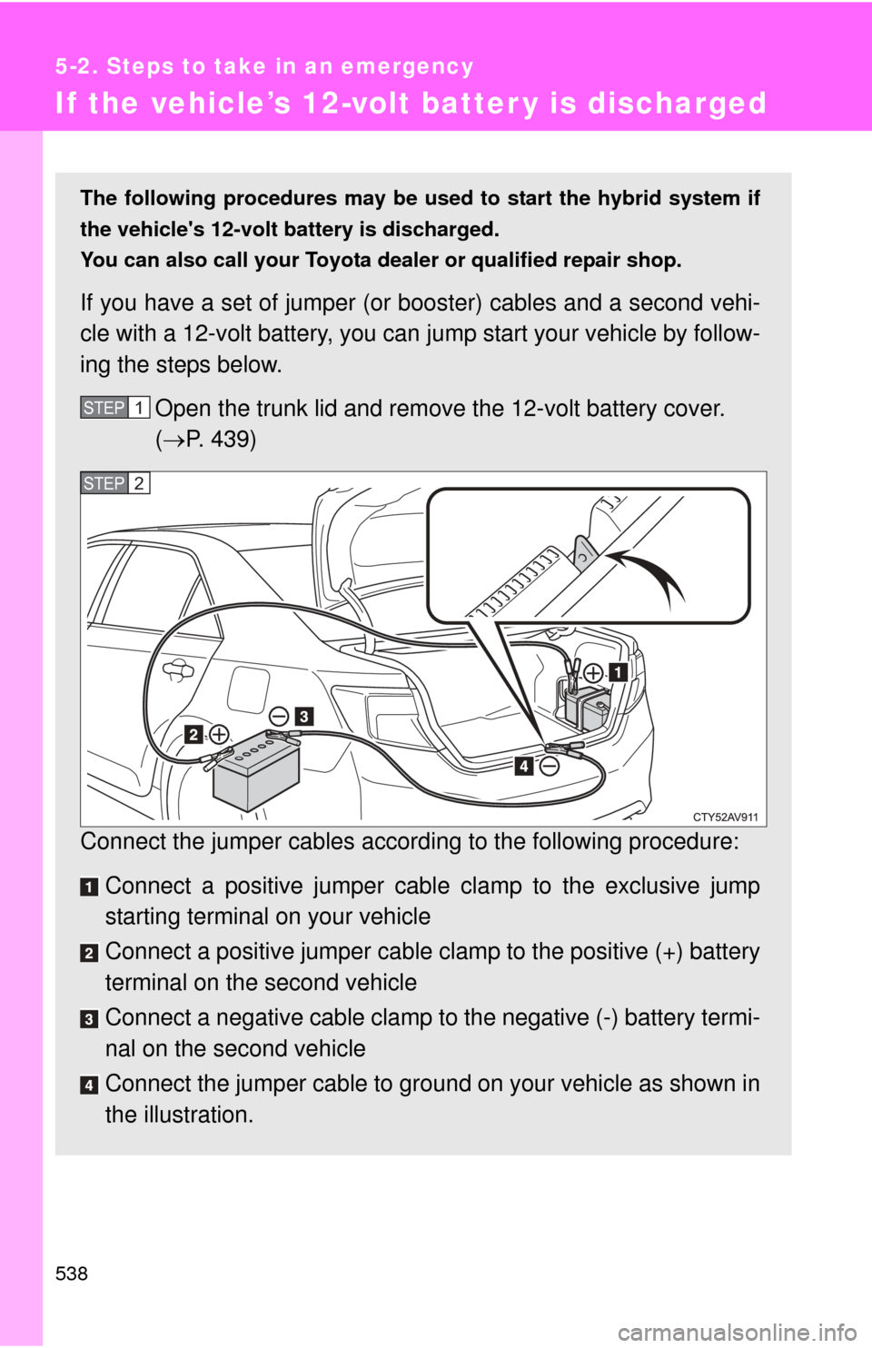 TOYOTA CAMRY HYBRID 2014 XV50 / 9.G Owners Manual 538
5-2. Steps to take in an emergency
If the vehicle’s 12-volt batter y is discharged
The following procedures may be used to start the hybrid system if
the vehicles 12-volt battery is discharged.