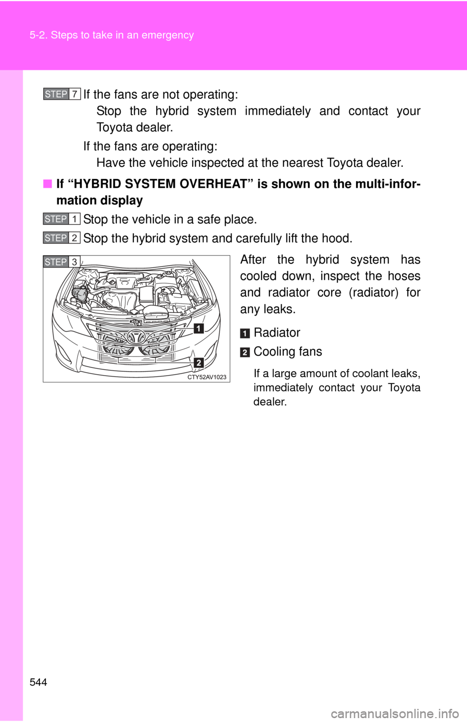 TOYOTA CAMRY HYBRID 2014 XV50 / 9.G Owners Manual 544 5-2. Steps to take in an emergency
If the fans are not operating:Stop the hybrid system im mediately and contact your
Toyota dealer.
If the fans are operating: Have the vehicle inspected at the ne TOYOTA CAMRY HYBRID 2014 XV50 / 9.G Owners Manual 544 5-2. Steps to take in an emergency
If the fans are not operating:Stop the hybrid system im mediately and contact your
Toyota dealer.
If the fans are operating: Have the vehicle inspected at the ne
