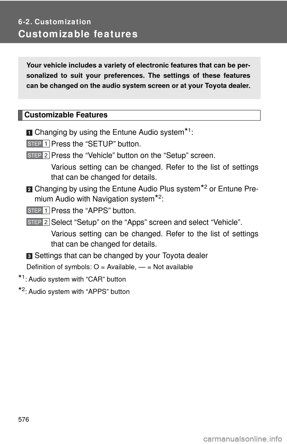 TOYOTA CAMRY HYBRID 2014 XV50 / 9.G Owners Manual 576
6-2. Customization
Customizable features
Customizable FeaturesChanging by using the Entune Audio system
*1:
Press the “SETUP” button.
Press the “Vehicle” button on the “Setup” screen. TOYOTA CAMRY HYBRID 2014 XV50 / 9.G Owners Manual 576
6-2. Customization
Customizable features
Customizable FeaturesChanging by using the Entune Audio system
*1:
Press the “SETUP” button.
Press the “Vehicle” button on the “Setup” screen.
