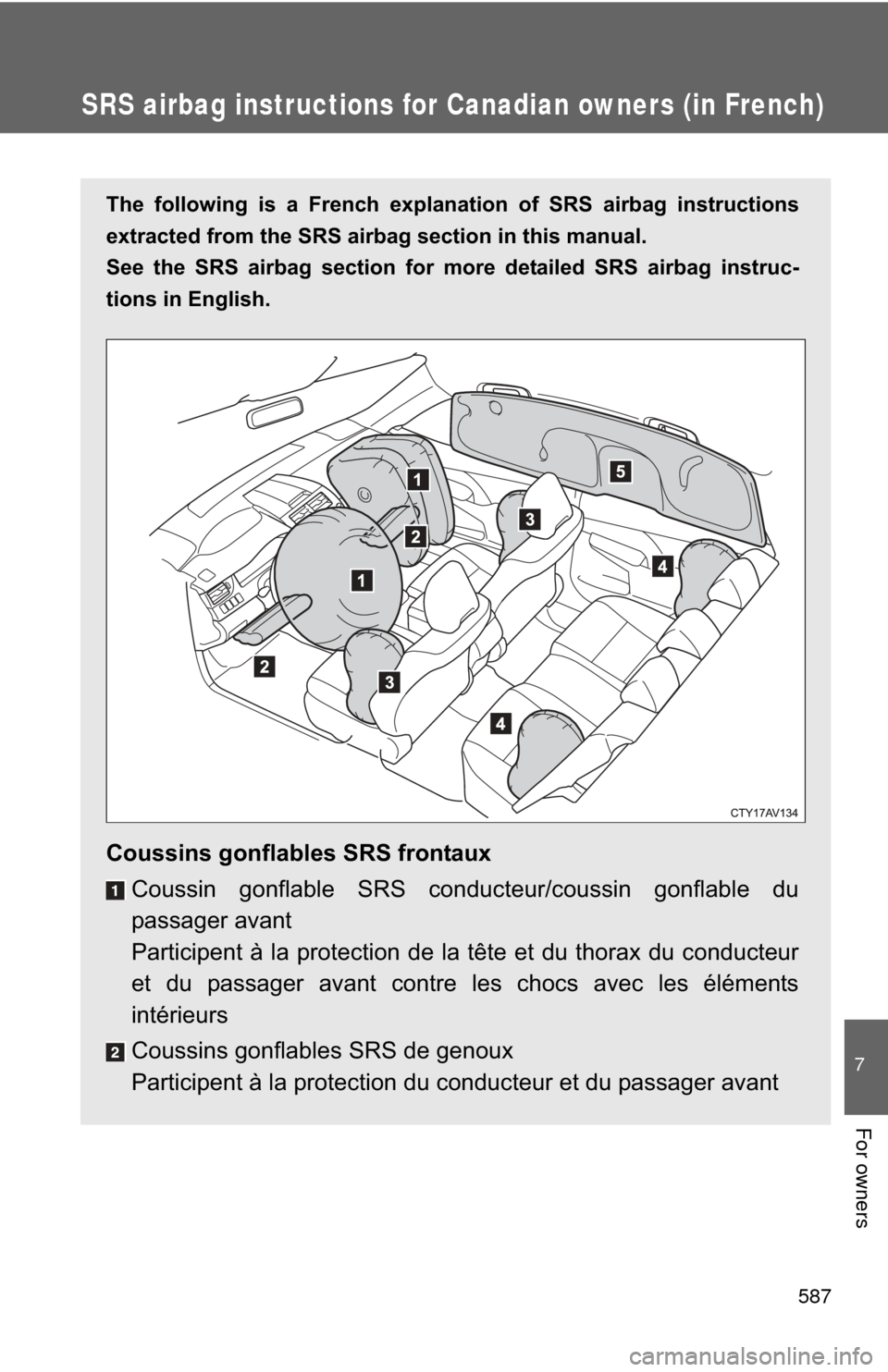 TOYOTA CAMRY HYBRID 2014 XV50 / 9.G Owners Manual 587
7
For owners
SRS airbag instructions for Canadian owners (in French)
The following is a French explanation of SRS airbag instructions
extracted from the SRS airbag section in this manual. 
See the