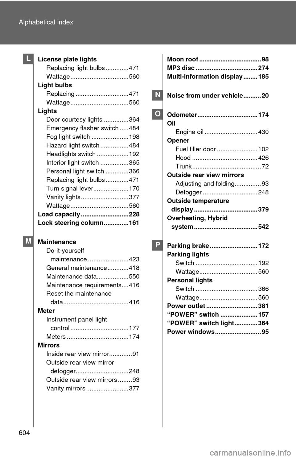 TOYOTA CAMRY HYBRID 2014 XV50 / 9.G User Guide 604 Alphabetical index
License plate lightsReplacing light bulbs ............. 471
Wattage ................................. 560
Light bulbs Replacing .............................. 471
Wattage ......